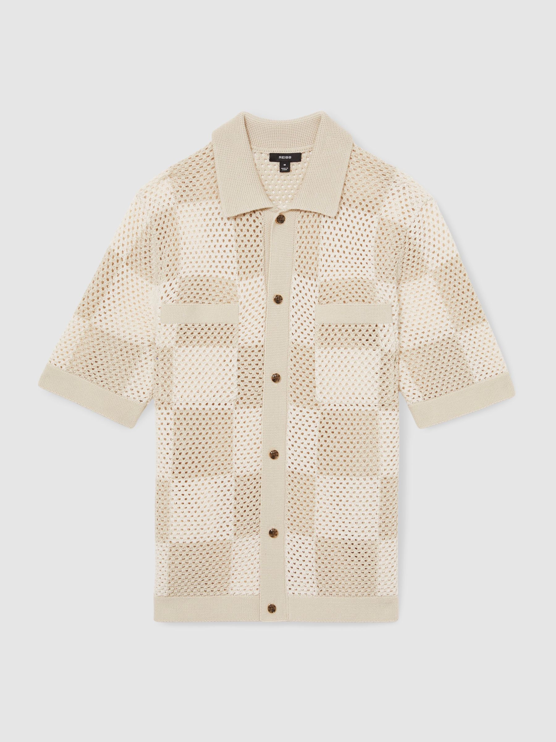 Cotton Chequerboard Crochet Shirt in Taupe/Off White - Image 2 of 6