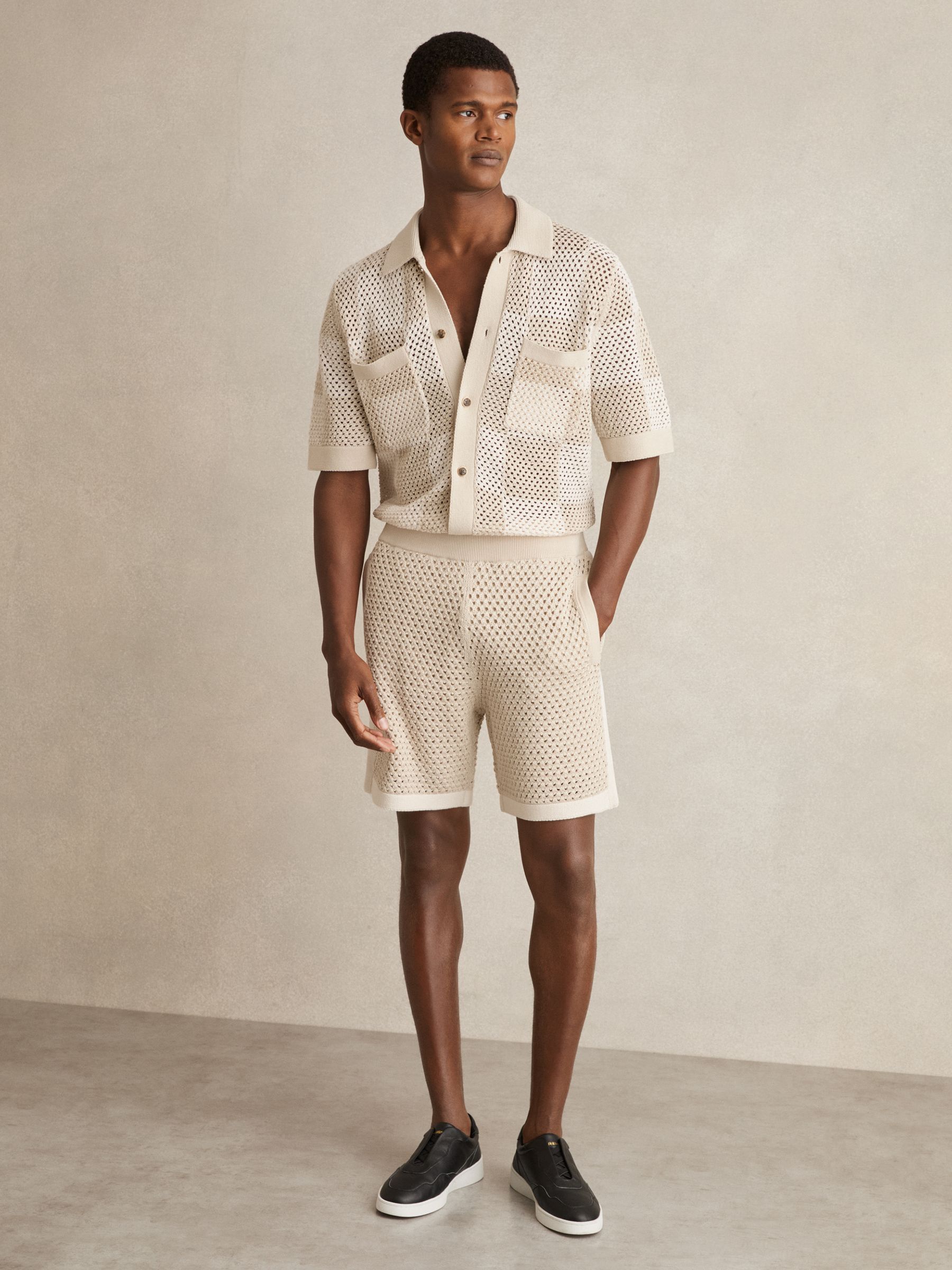 Cotton Chequerboard Crochet Shirt in Taupe/Off White - Image 3 of 6