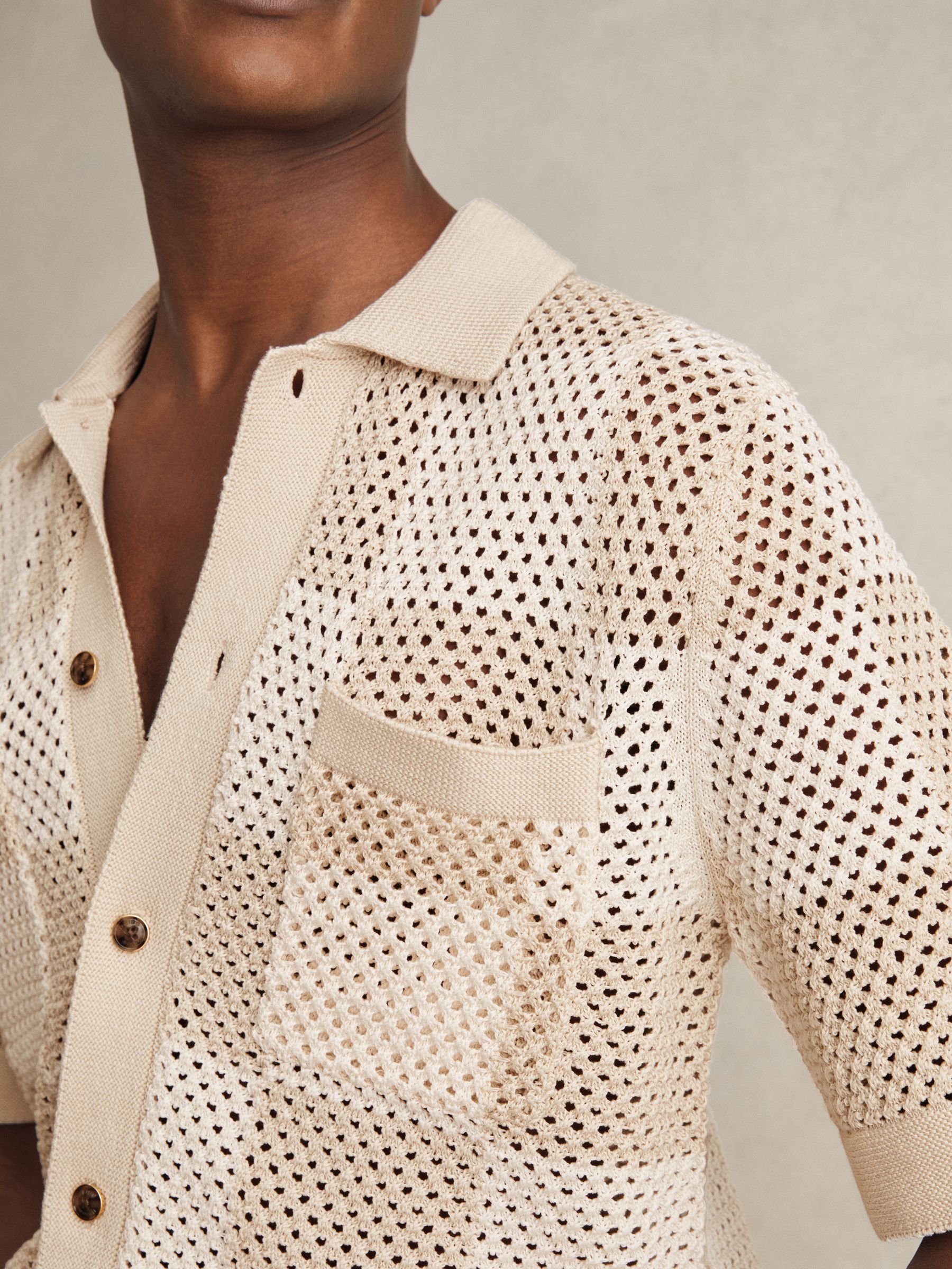 Cotton Chequerboard Crochet Shirt in Taupe/Off White - image 4
