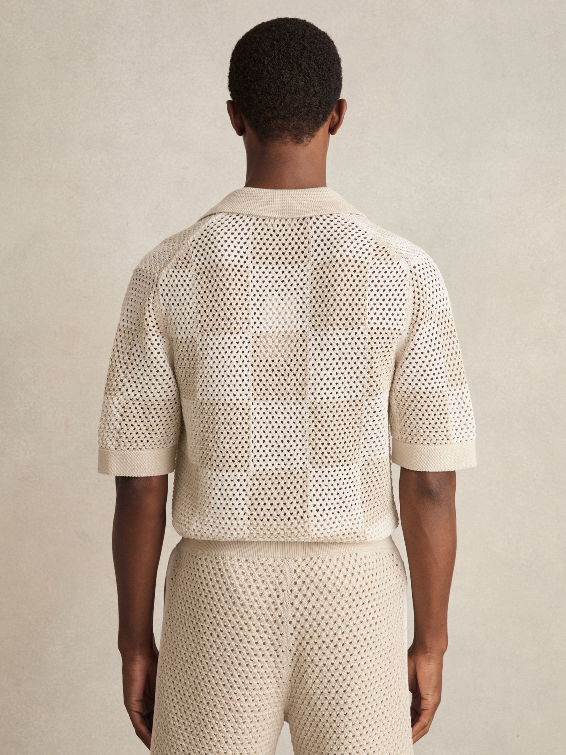 Cotton Chequerboard Crochet Shirt in Taupe/Off White - image 5
