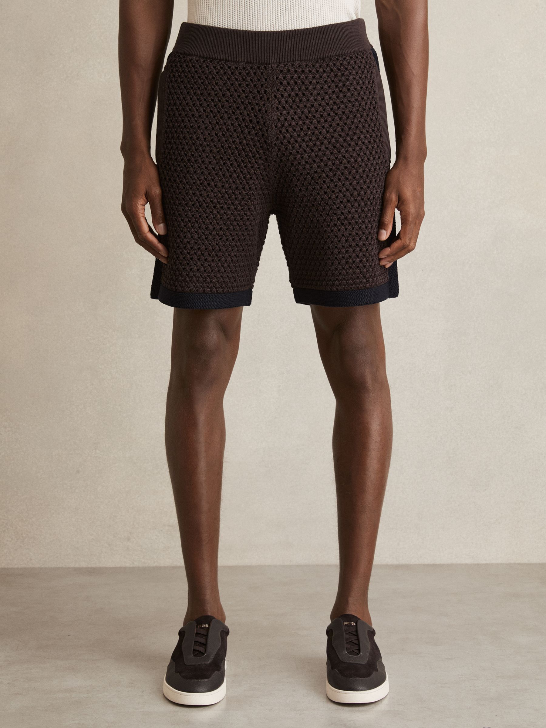 Cotton-Blend Crochet Shorts in Chocolate/Navy - Image 3 of 6