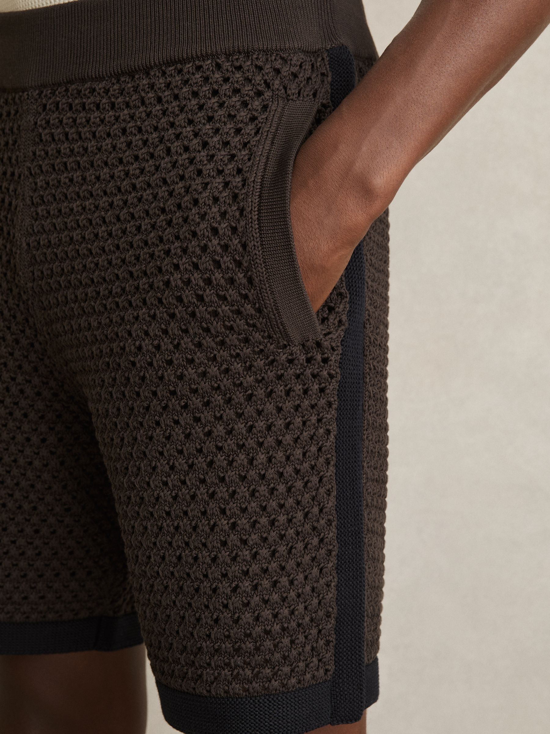 Cotton-Blend Crochet Shorts in Chocolate/Navy - image 4