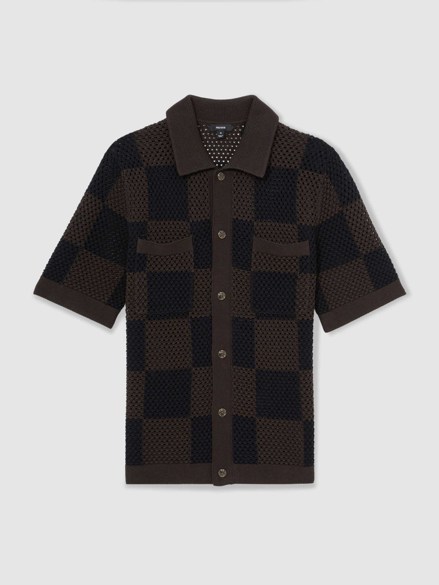 Cotton Chequerboard Crochet Shirt in Chocolate/Navy - Image 2 of 6