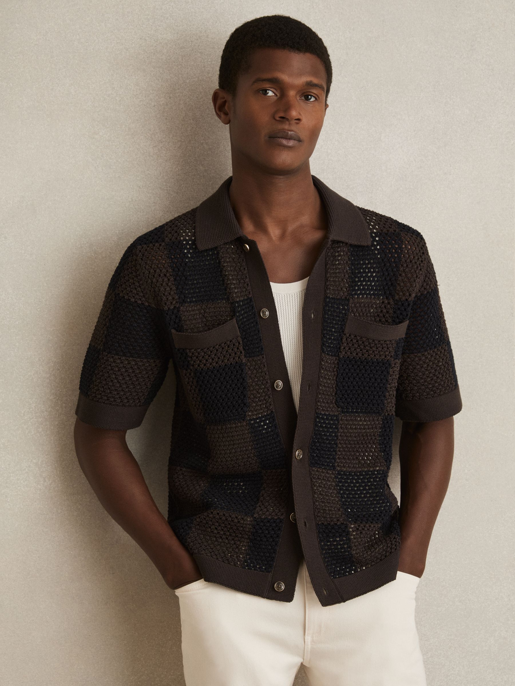 Cotton Chequerboard Crochet Shirt in Chocolate/Navy - Image 3 of 6