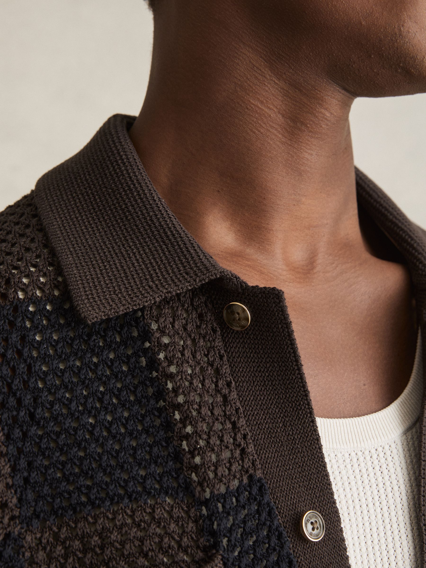 Cotton Chequerboard Crochet Shirt in Chocolate/Navy - Image 4 of 6