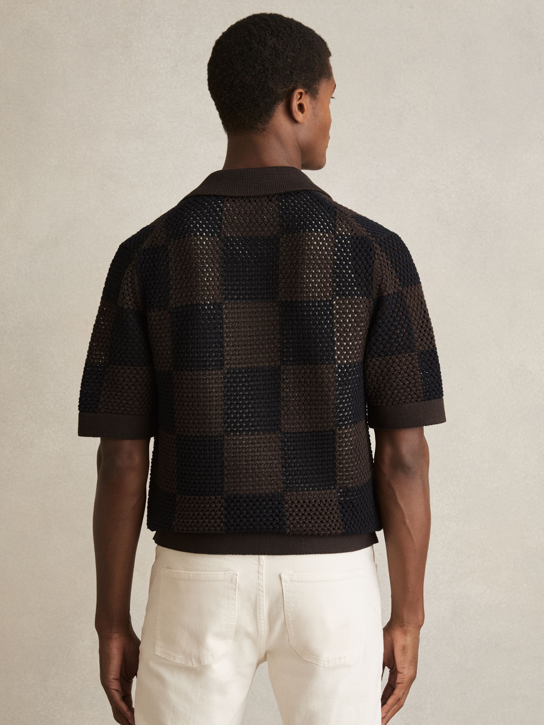 Cotton Chequerboard Crochet Shirt in Chocolate/Navy - Image 5 of 6