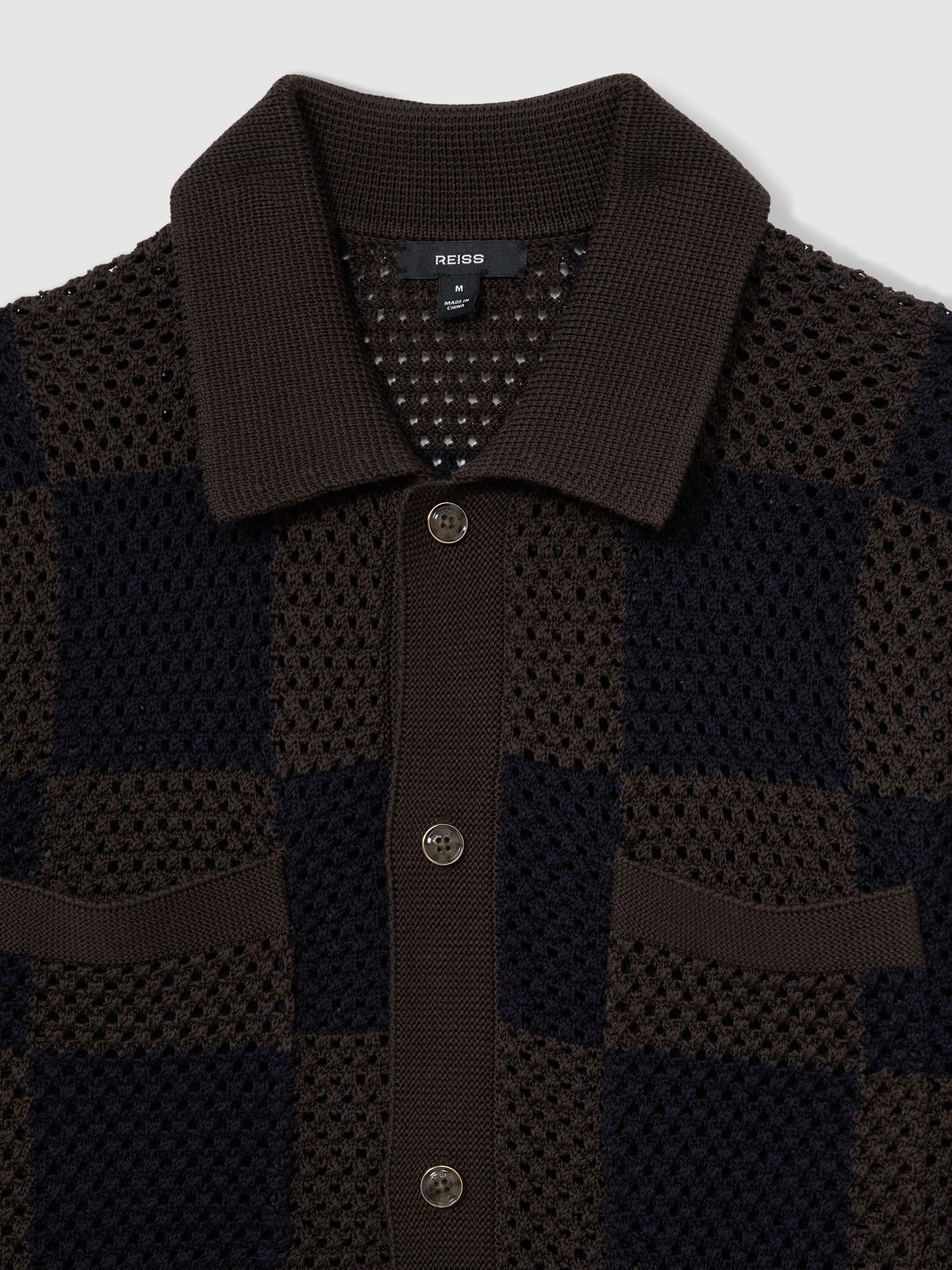 Cotton Chequerboard Crochet Shirt in Chocolate/Navy - Image 6 of 6