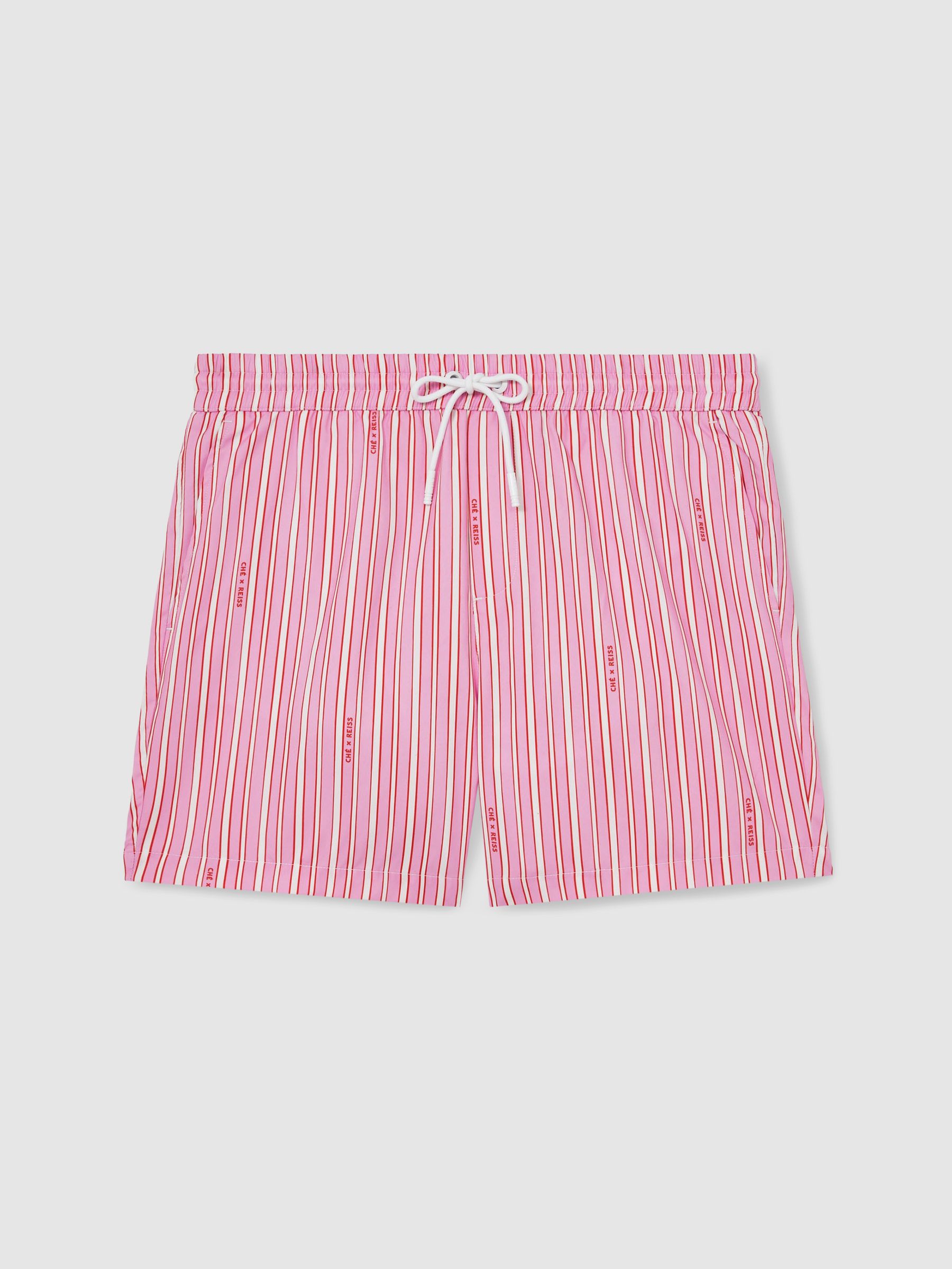 Reiss | Ché Stripe Swim Shorts in Pink/White - Image 2 of 9