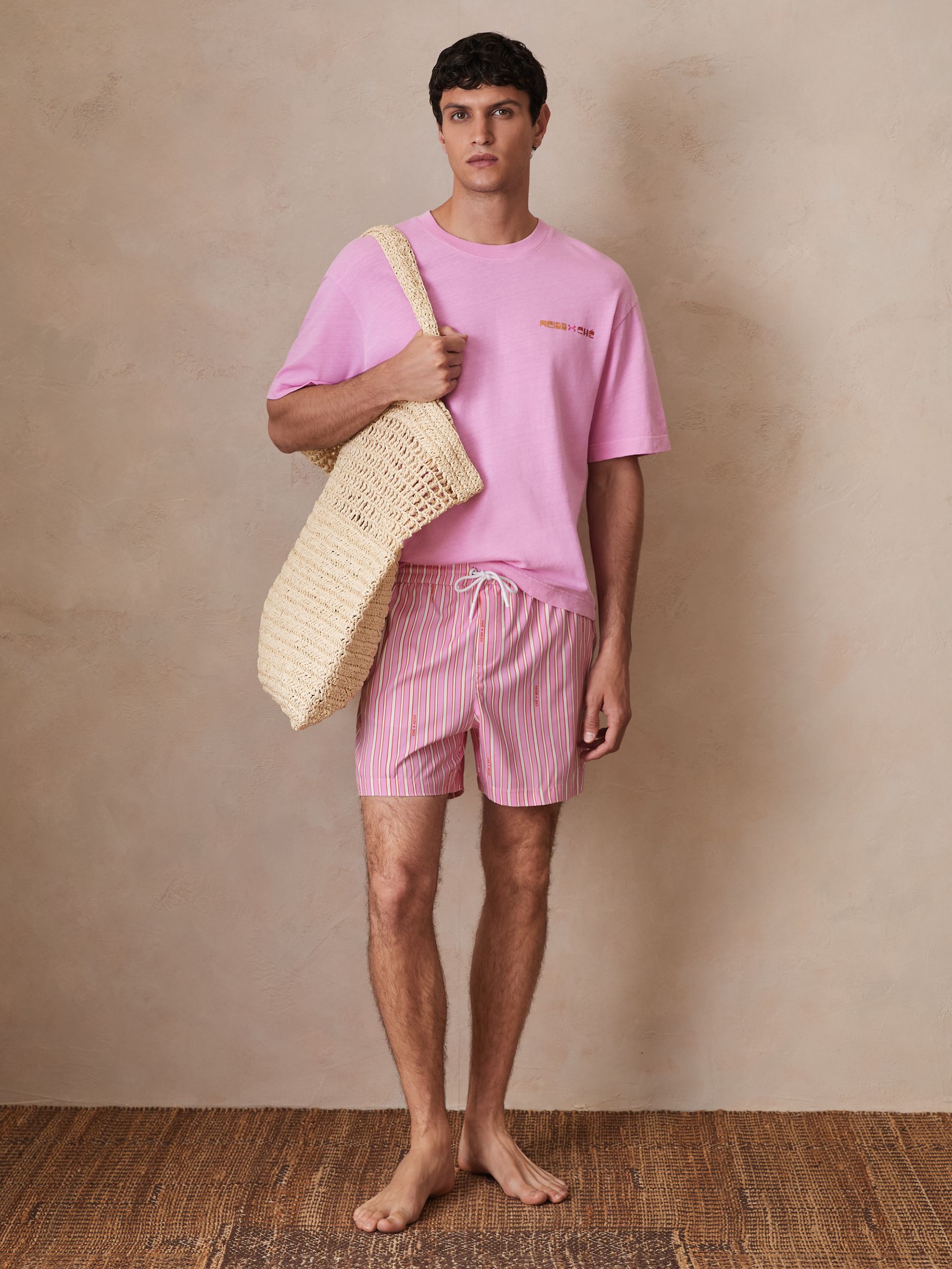Reiss | Ché Stripe Swim Shorts in Pink/White - Image 3 of 9