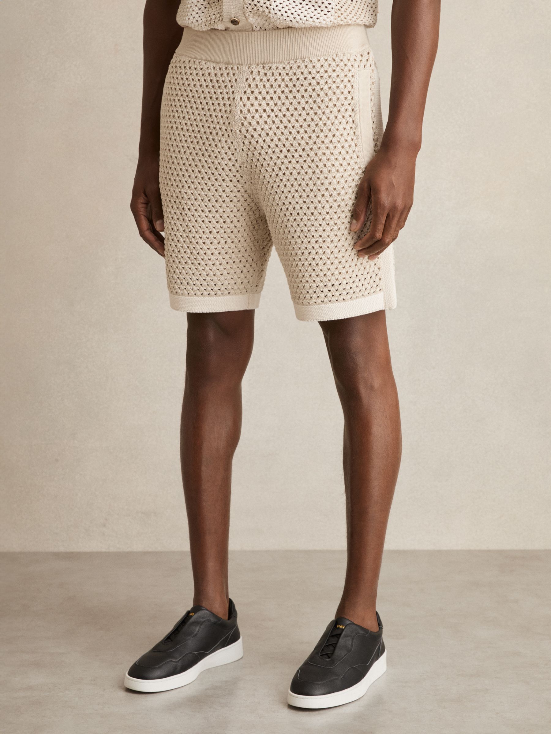 Cotton-Blend Crochet Shorts in Taupe/Off White - Image 3 of 5