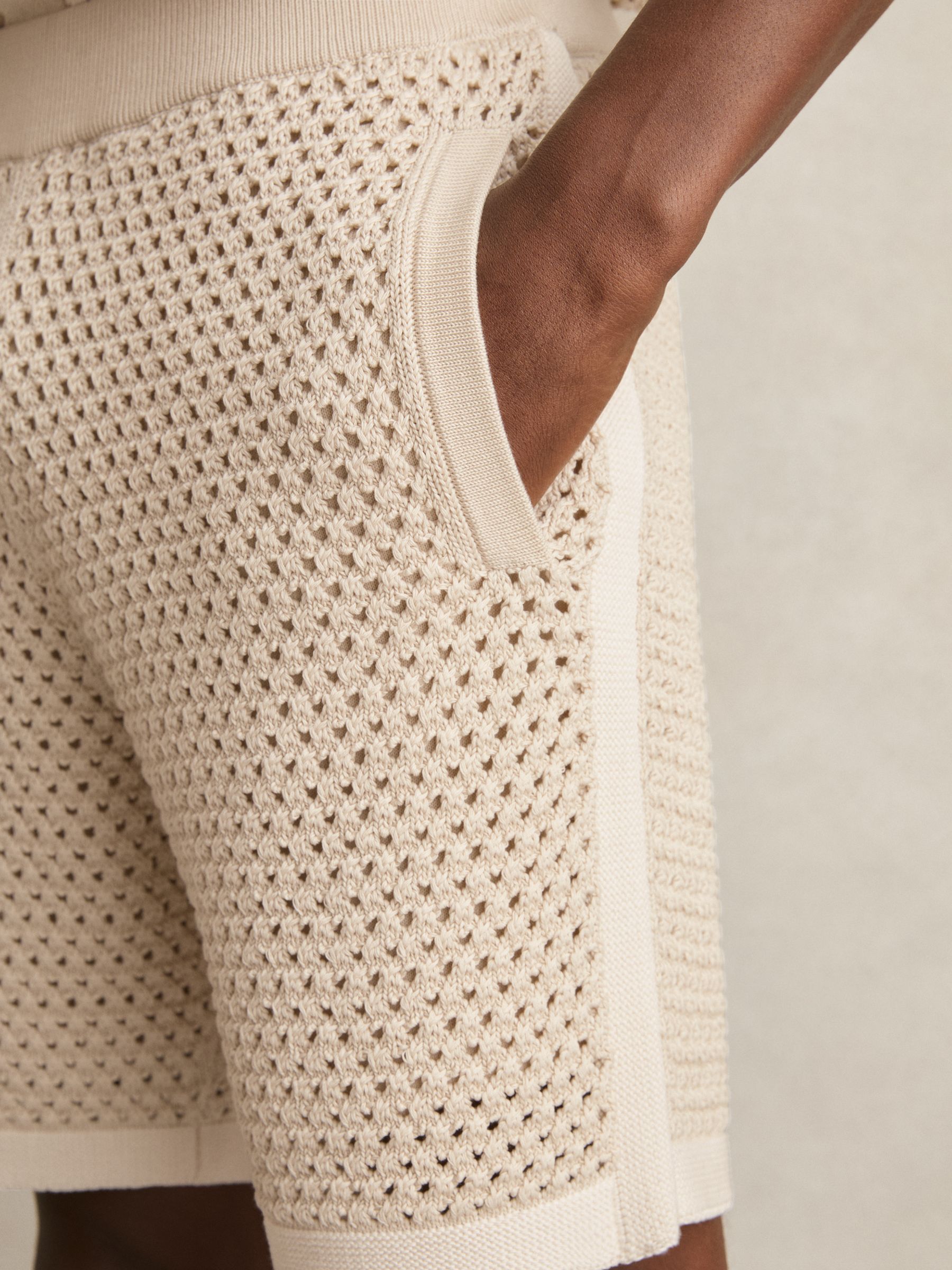 Cotton-Blend Crochet Shorts in Taupe/Off White - image 4