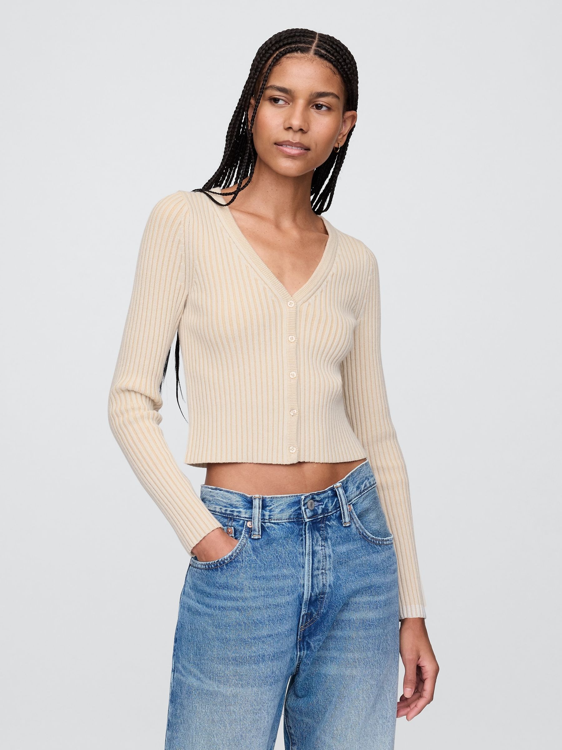 Beige Cropped Plaited Rib Cardigan Gap