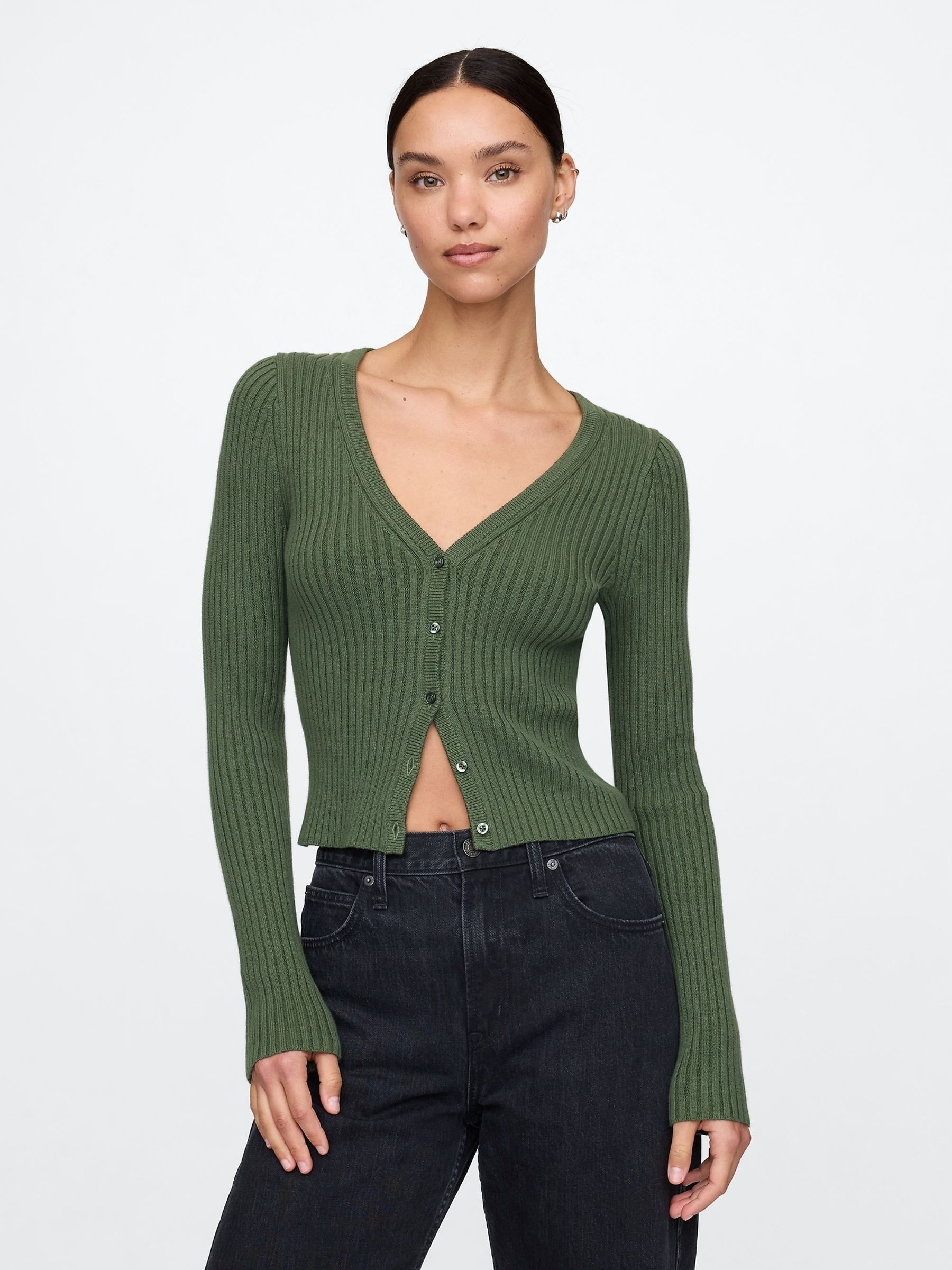 Green Cropped Plaited Rib Cardigan Gap