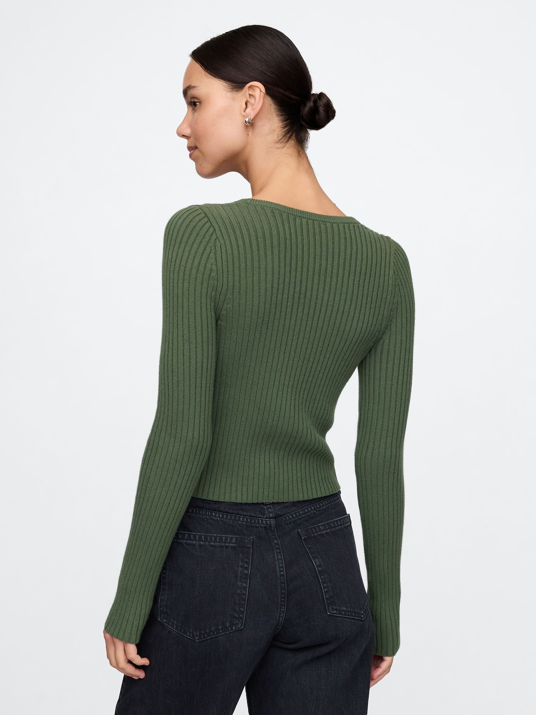 Green Cropped Plaited Rib Cardigan - Image 3 of 5