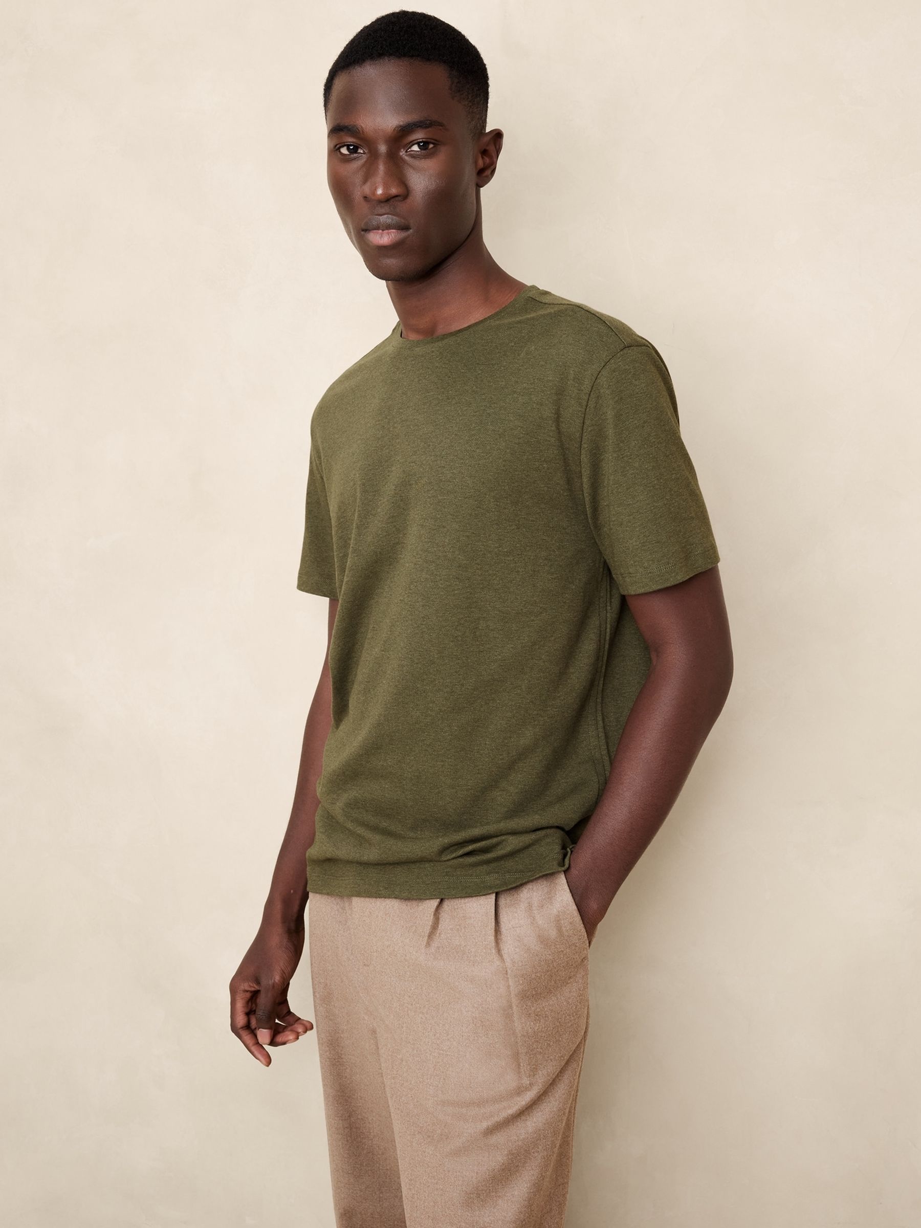 Banana Republic Khaki Green Luxury-Touch Crew Neck T-Shirt - Image 1 of 1