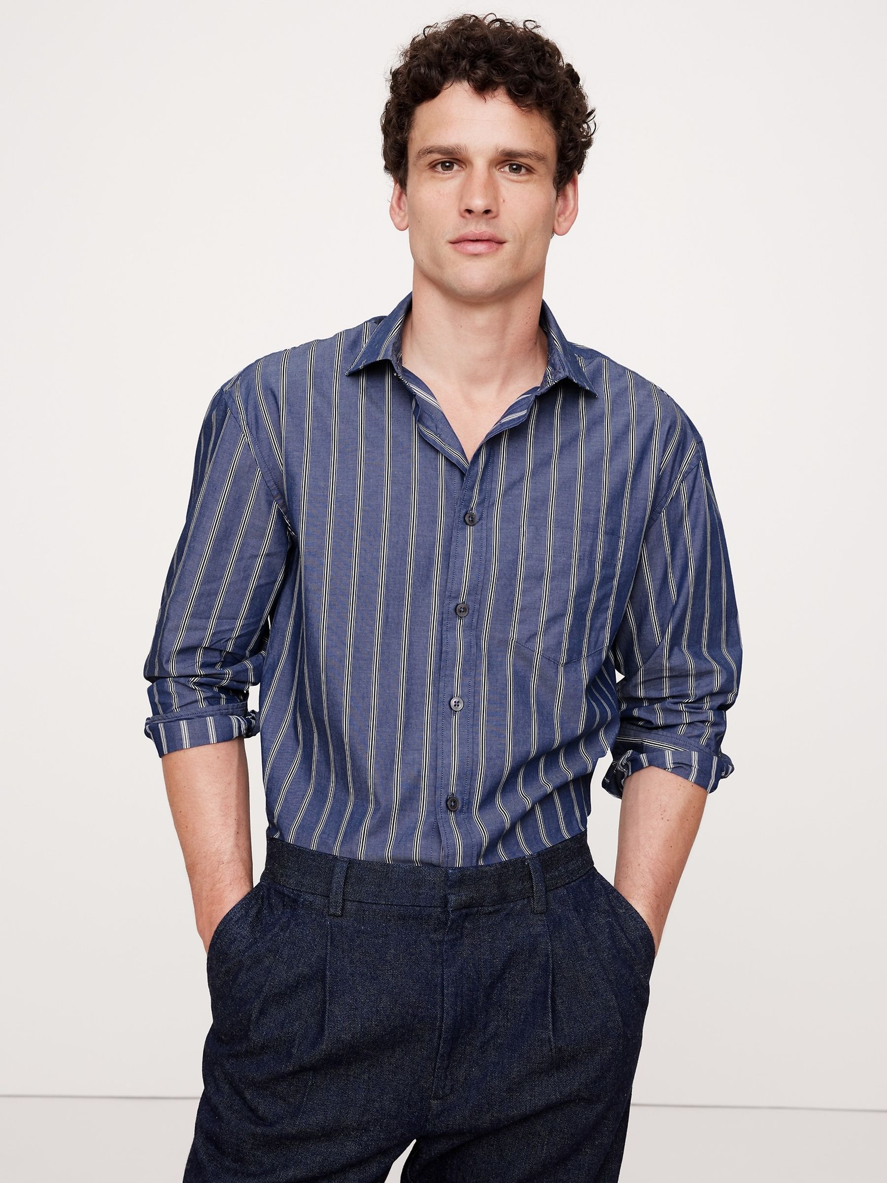 Banana Republic Blue Stripe Relaxed Poplin Shirt - Image 1 of 1