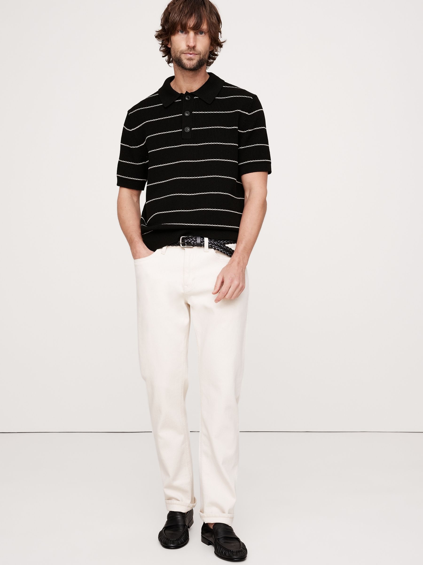 Banana Republic Black Stripe Cotton Blend Polo Shirt - Image 1 of 4