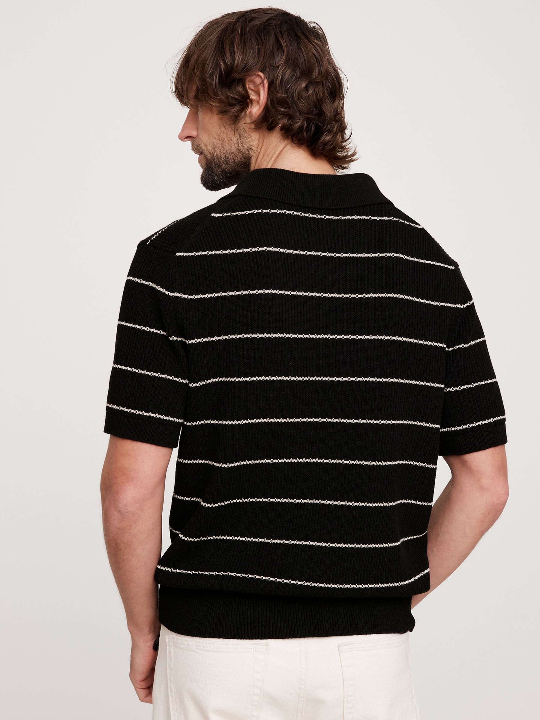 Banana Republic Black Stripe Cotton Blend Polo Shirt - Image 2 of 4