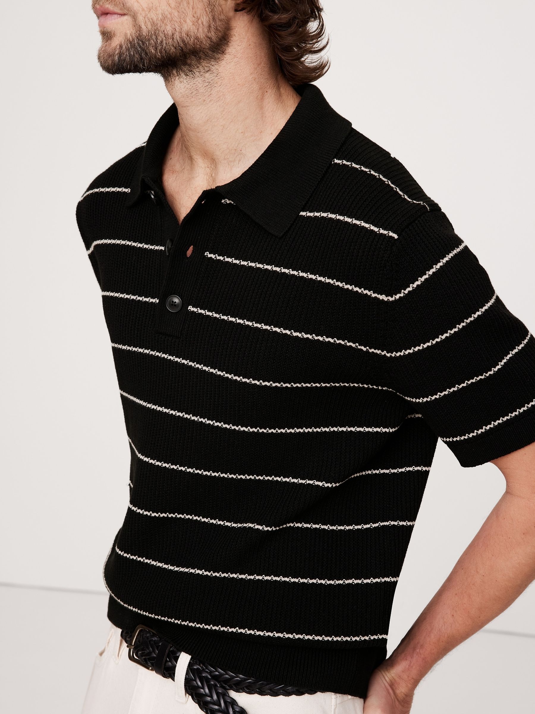Banana Republic Black Stripe Cotton Blend Polo Shirt - Image 3 of 4