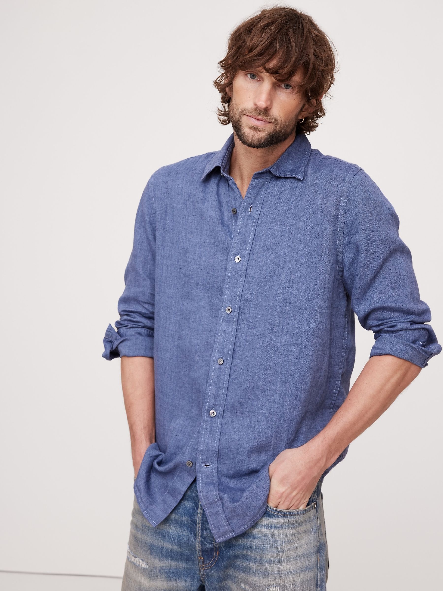 Banana Republic Blue 100% Linen Castelletto Long Sleeve Shirt - Image 1 of 1