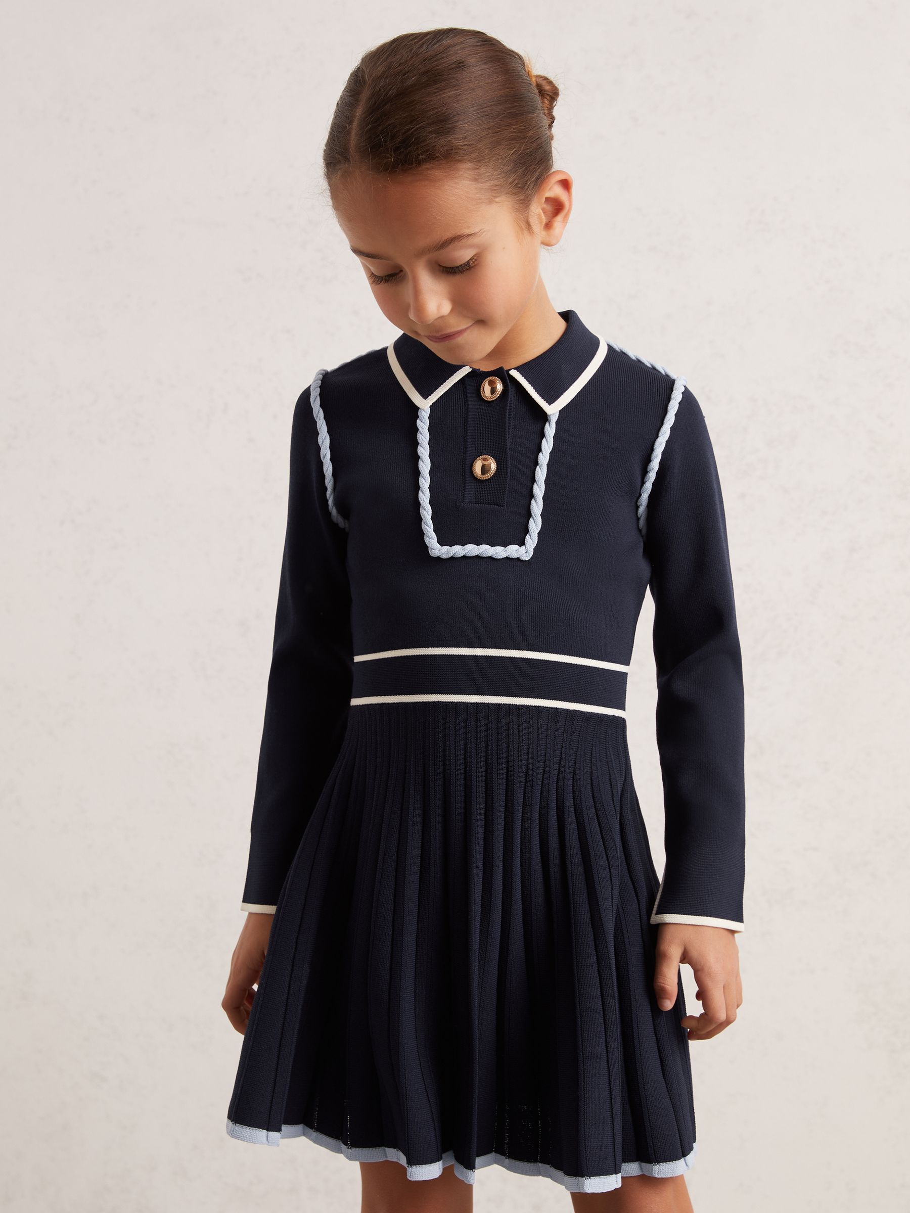 3-9 yrs Piped Knitted Skater Dress in Navy - Image 1 of 4