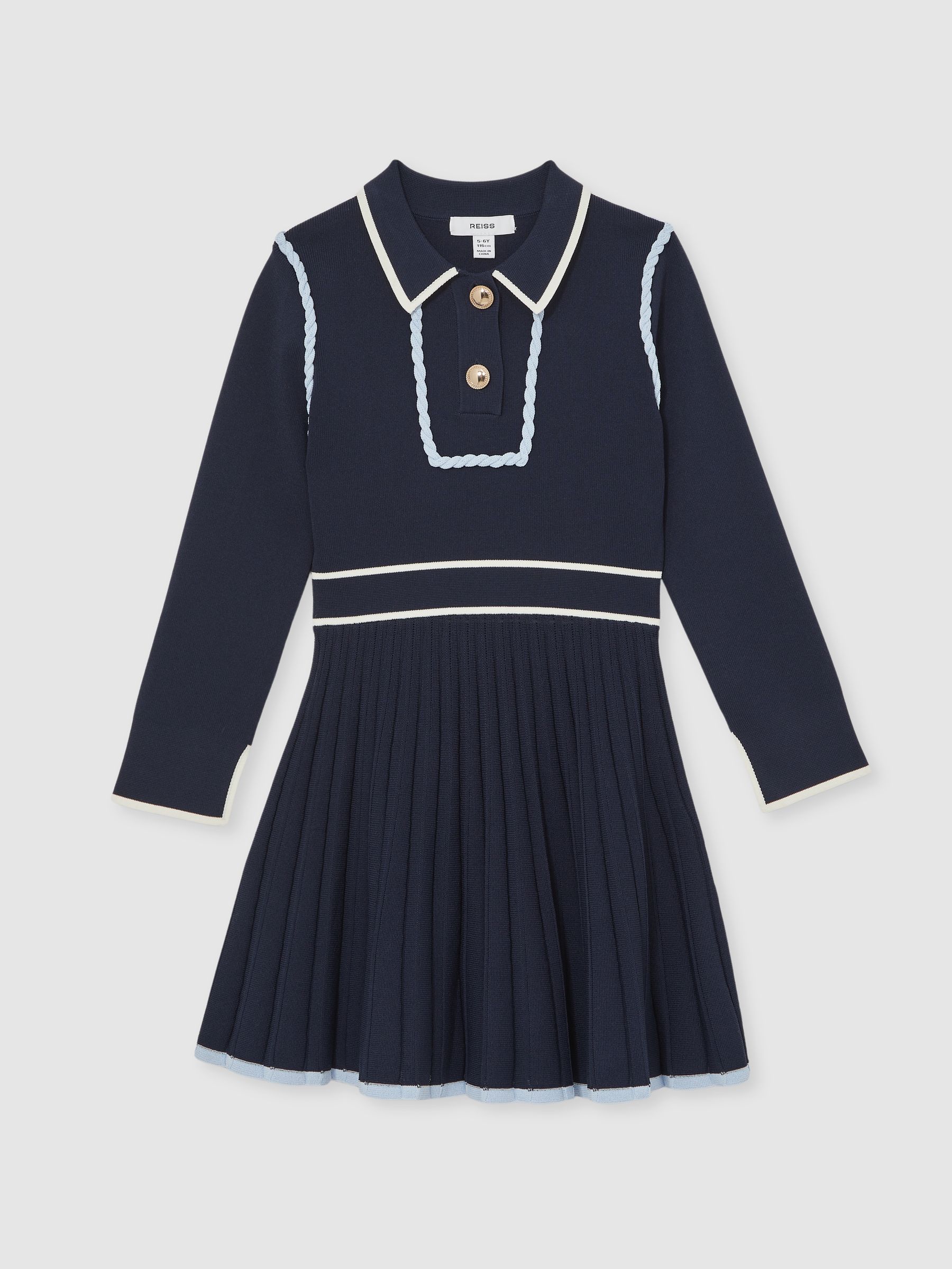 3-9 yrs Piped Knitted Skater Dress in Navy - Image 2 of 4