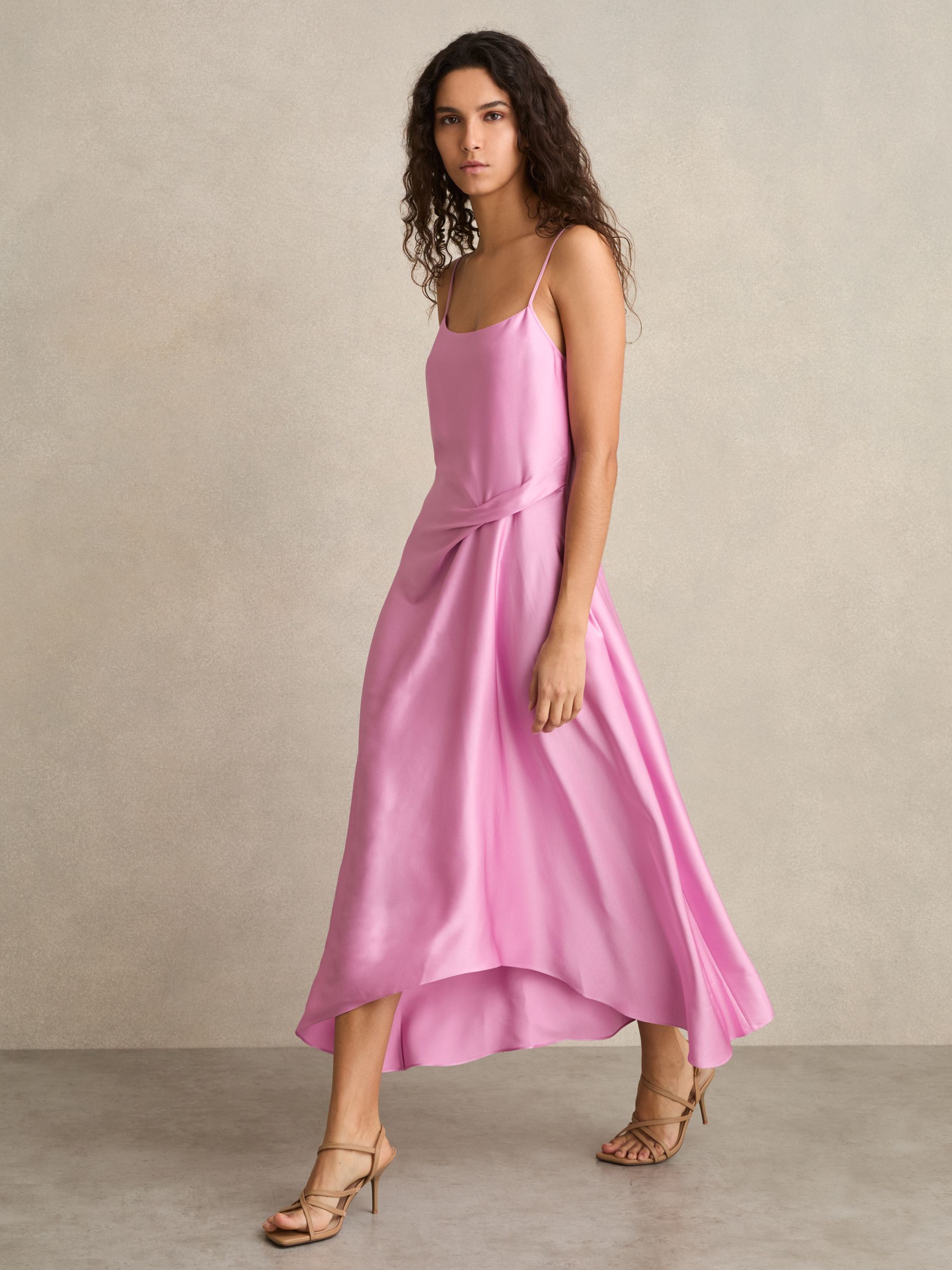 Satin Drape-Detail Slip Dress in Pink - Image 1 of 7