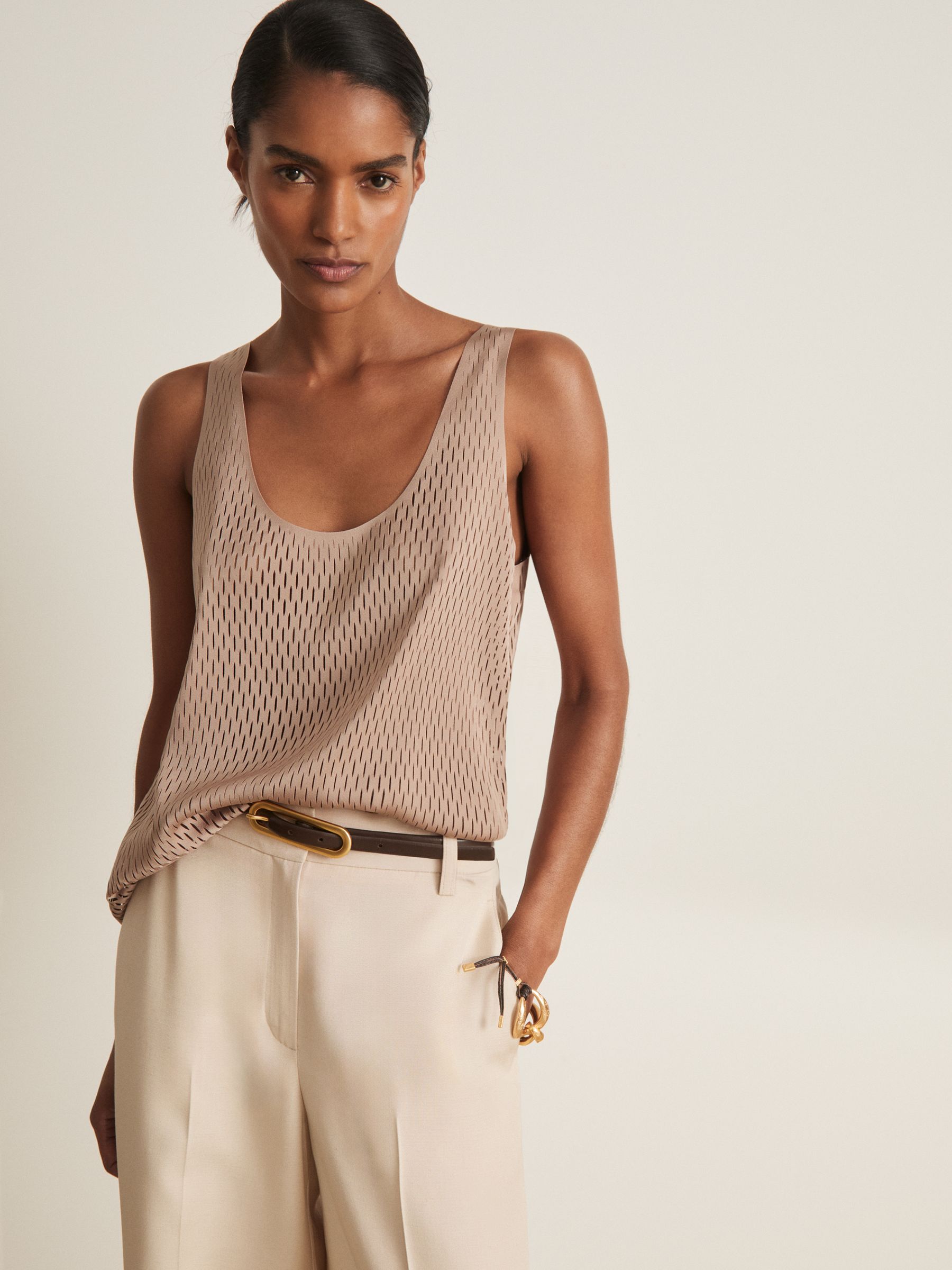 Atelier Laser Cut Vest Top in Taupe - Image 1 of 6 Atelier Laser Cut Vest Top in Taupe - Image 1 of 6