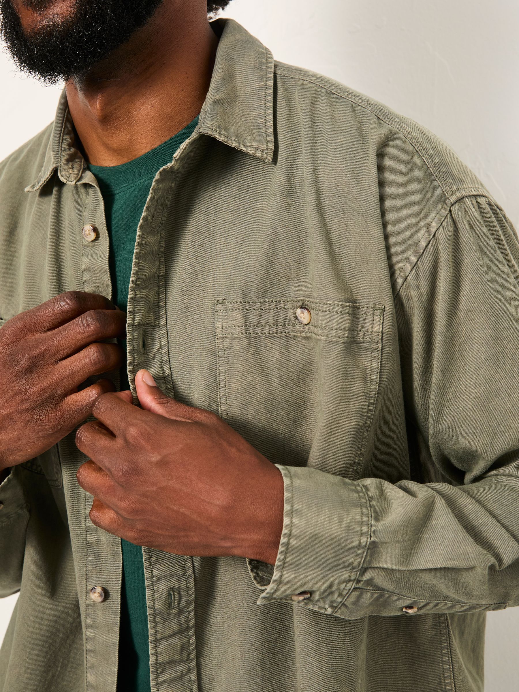 Khaki Green Long Sleeve Relaxed Fit Garment Dye Utility Shirt - Image 3 of 4