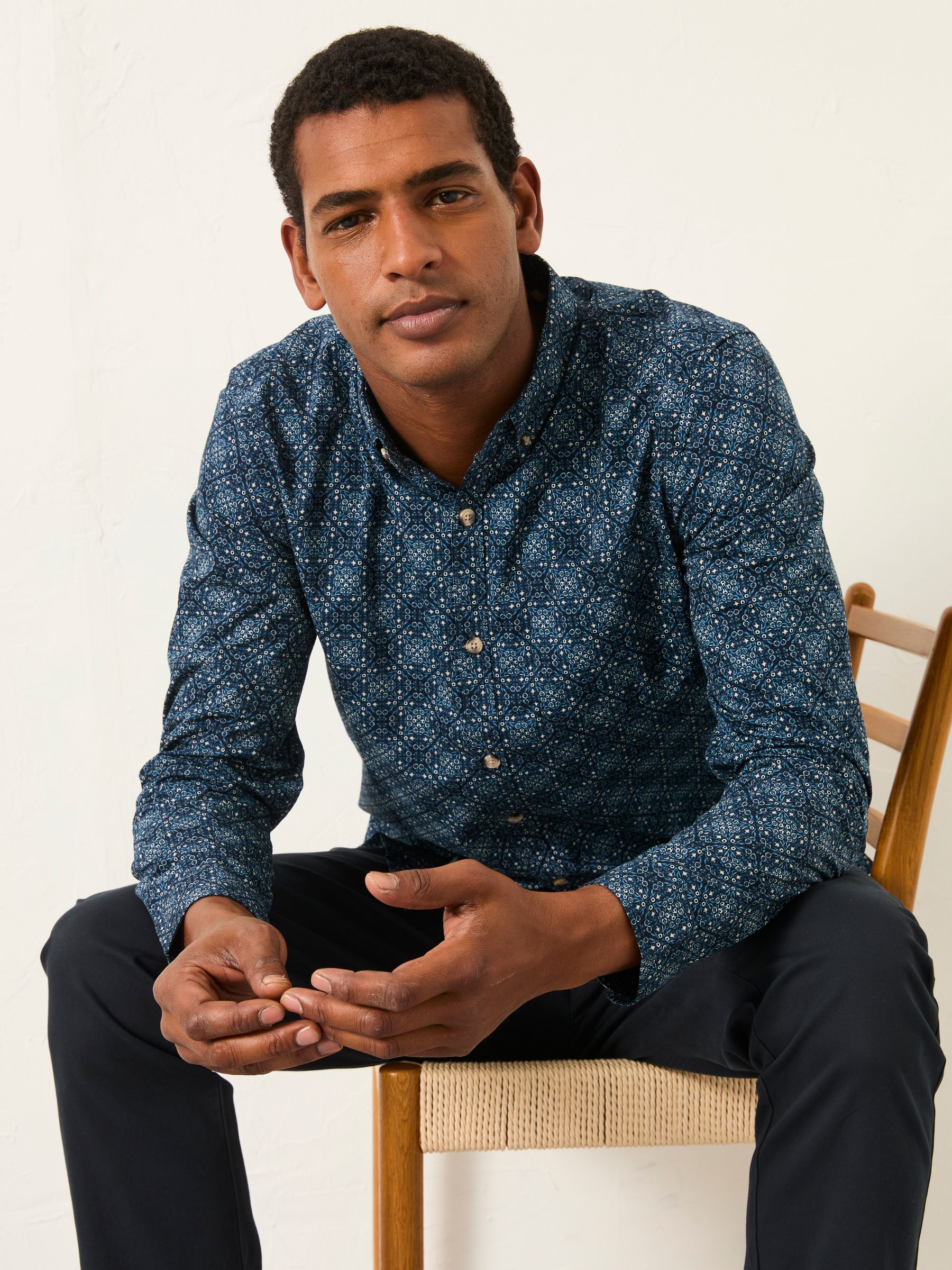 Navy Long Sleeve Tile Print Shirt - Image 3 of 7