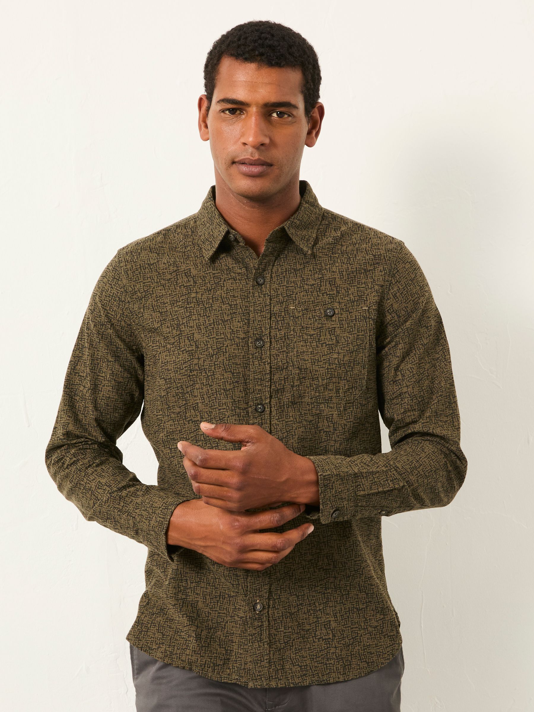 Khaki Green Long Sleeve Scratch Print Shirt - Image 1 of 5