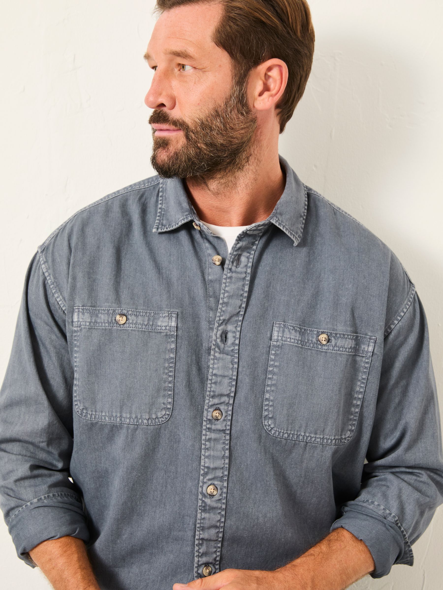 Dark Vintage Blue Long Sleeve Relaxed Fit Garment Dye Utility Shirt - Image 3 of 5