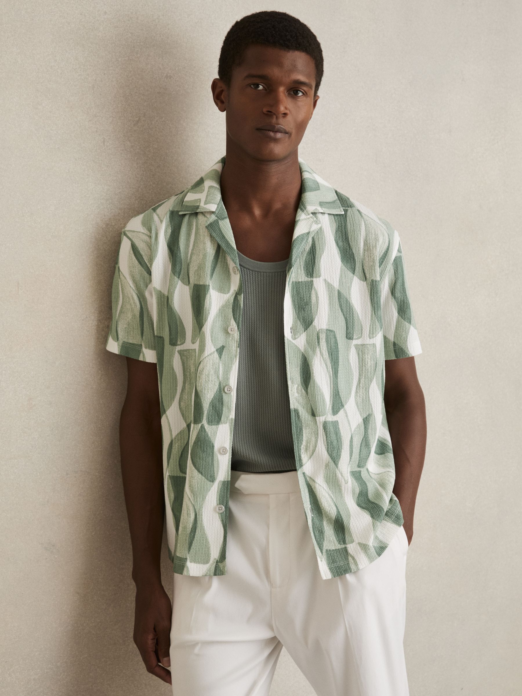 Printed Textured Cuban-Collar Shirt in Sage Green - Image 1 of 5