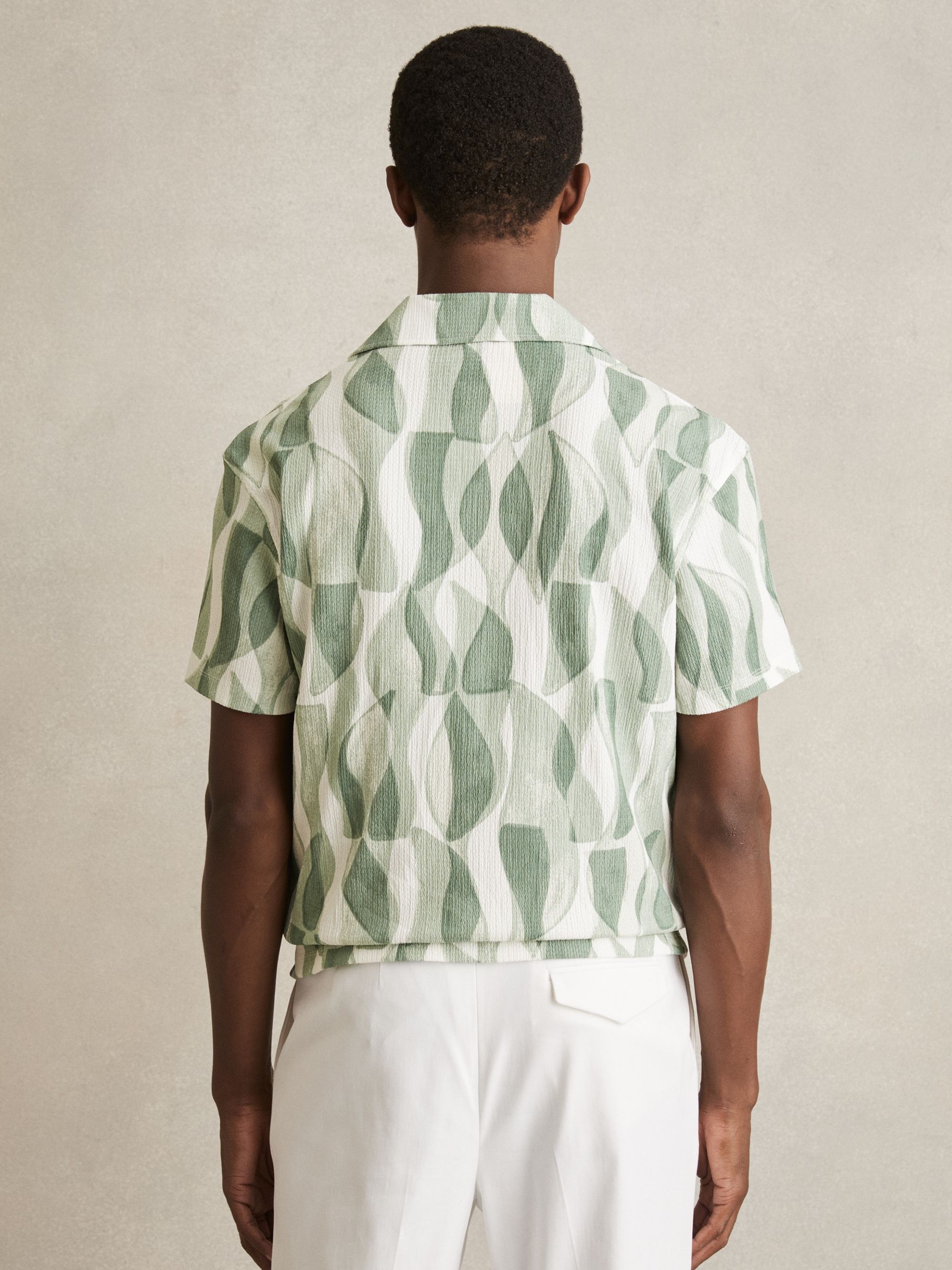 Printed Textured Cuban-Collar Shirt in Sage Green - Image 4 of 5