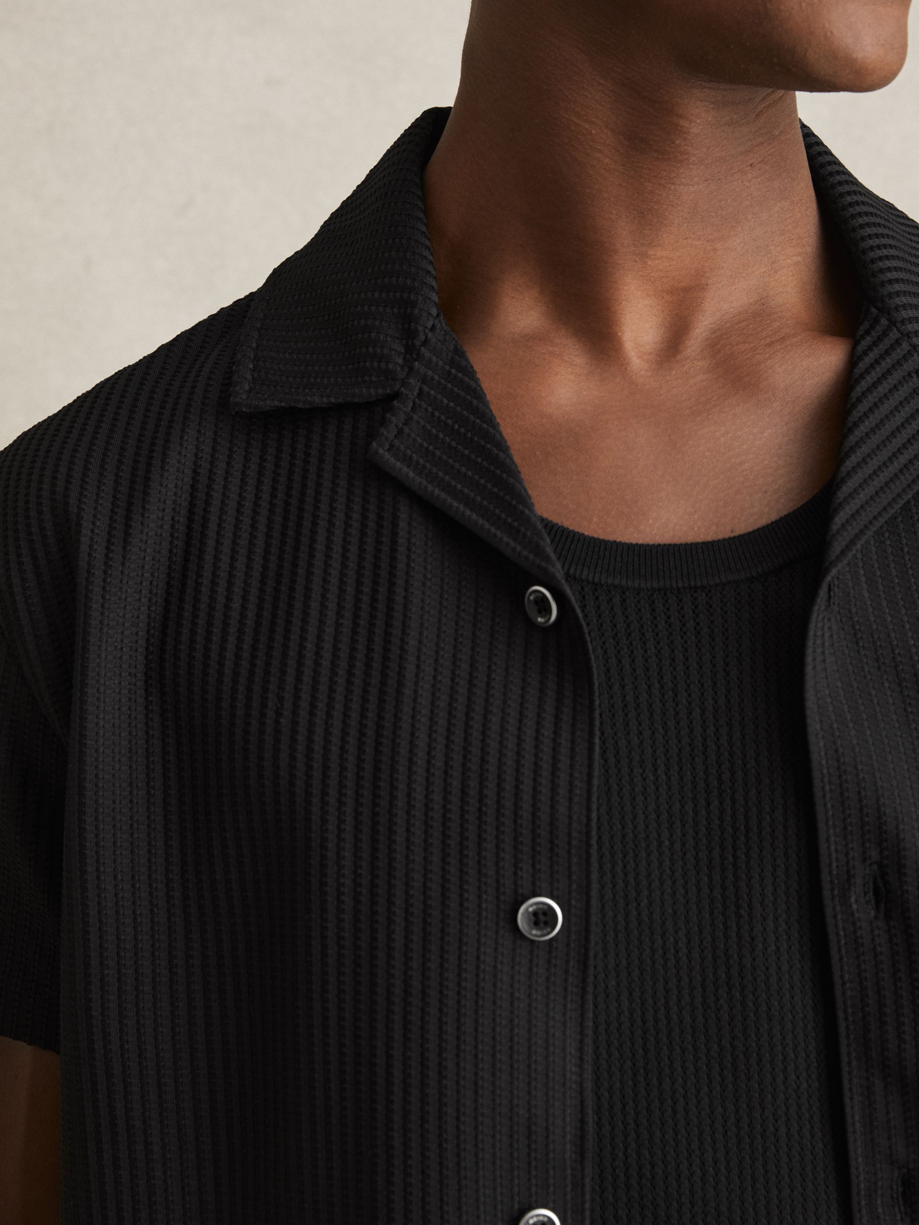 Textured-Knit Cuban-Collar Shirt in Black - Image 4 of 6