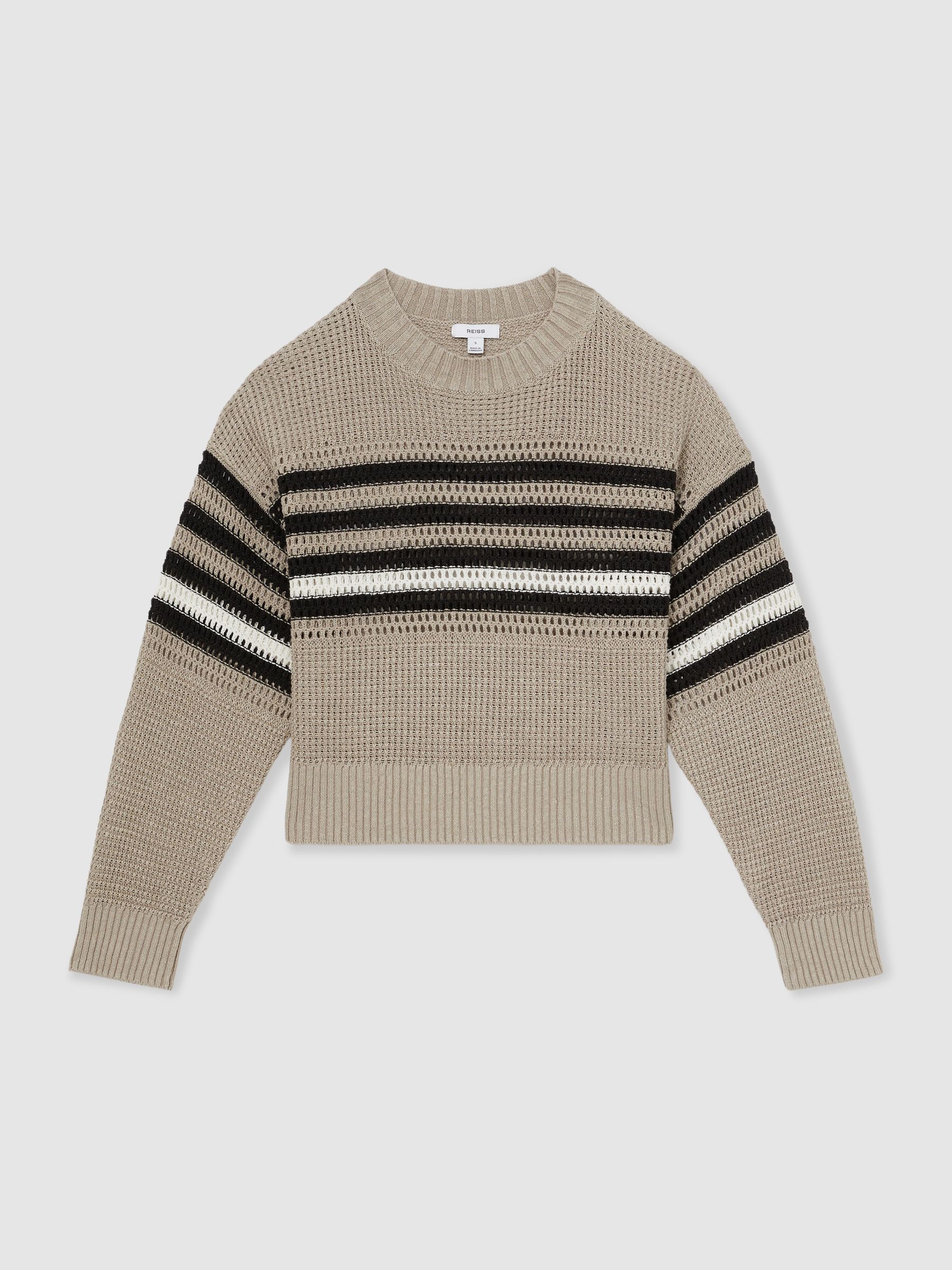 Linen Crochet Striped Jumper in Neutral/Black - Image 2 of 6