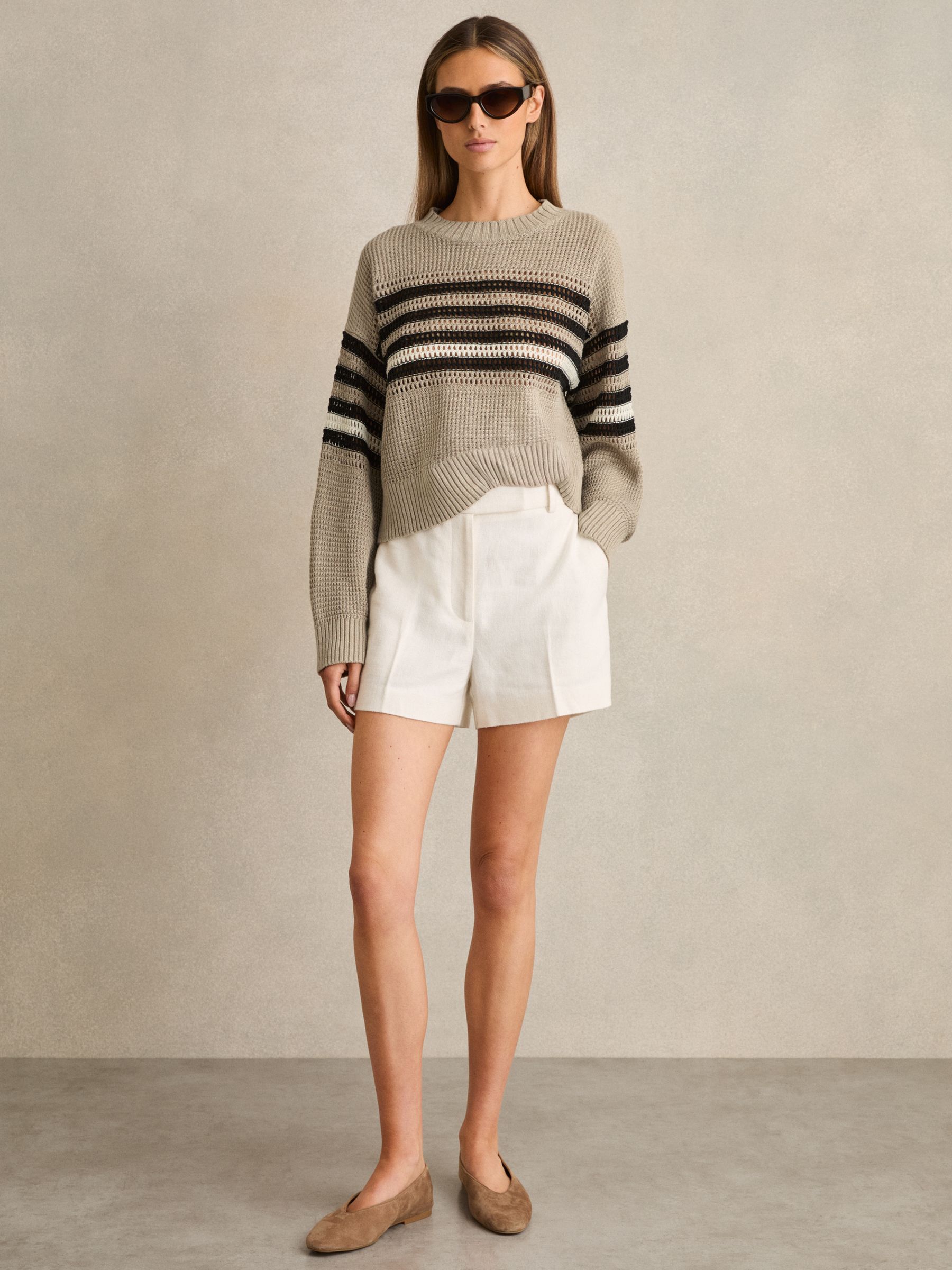 Linen Crochet Striped Jumper in Neutral/Black - Image 3 of 6