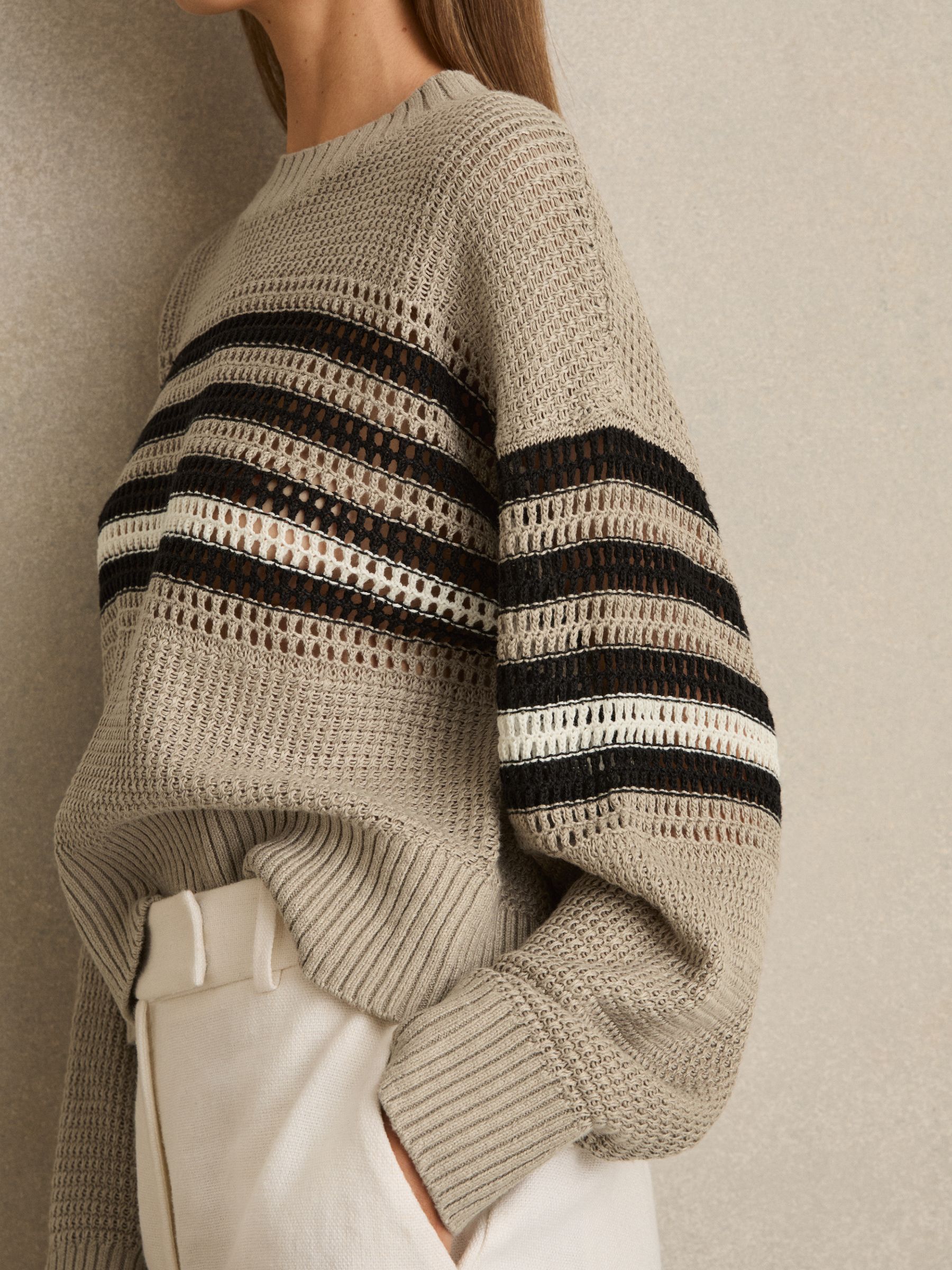 Linen Crochet Striped Jumper in Neutral/Black - Image 4 of 6