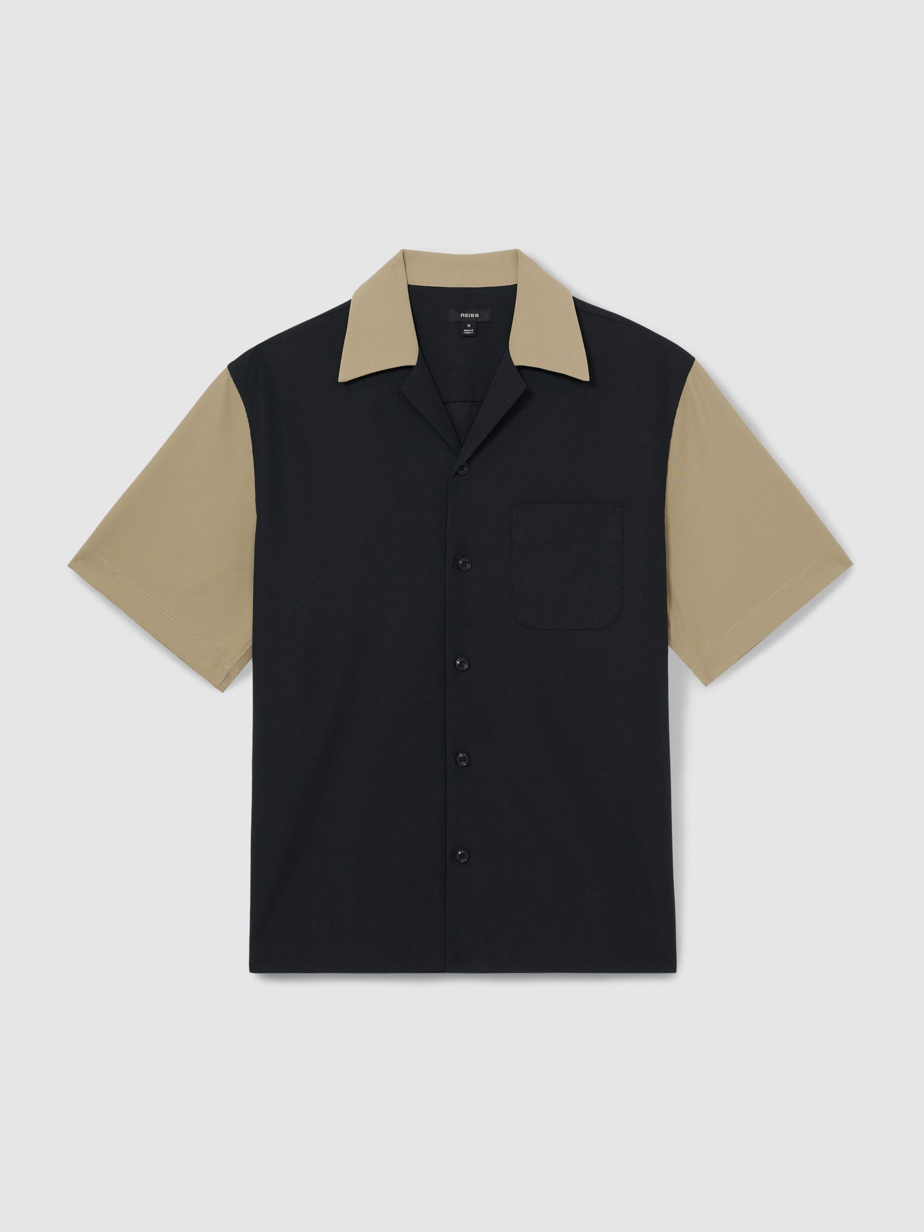 Colour-Block Cuban-Collar Shirt in Navy/Brown - Image 2 of 5