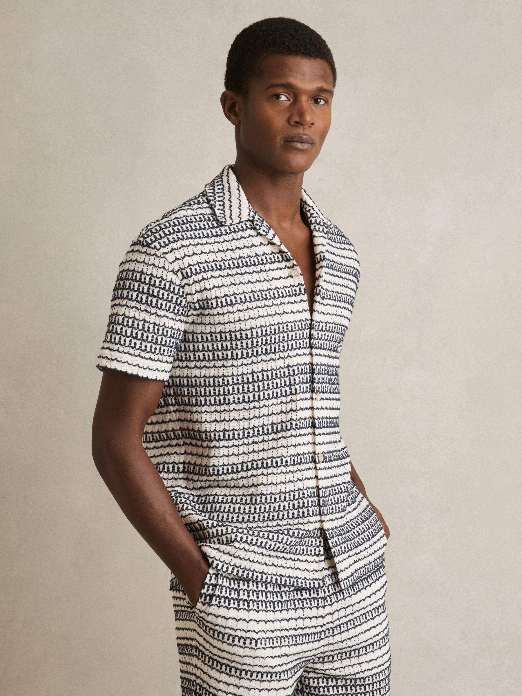 Crochet Cuban-Collar Shirt in White/Black - Image 1 of 6