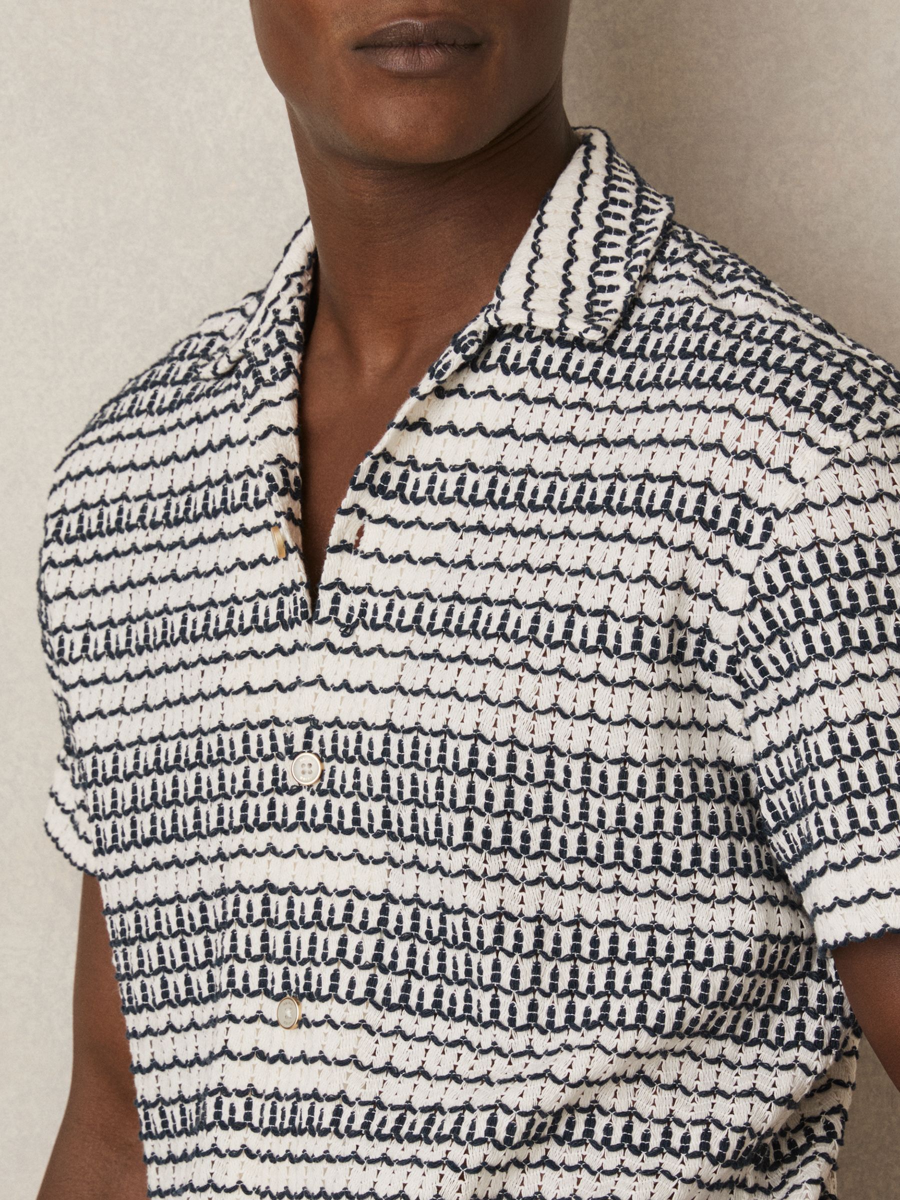 Crochet Cuban-Collar Shirt in White/Black - Image 4 of 6