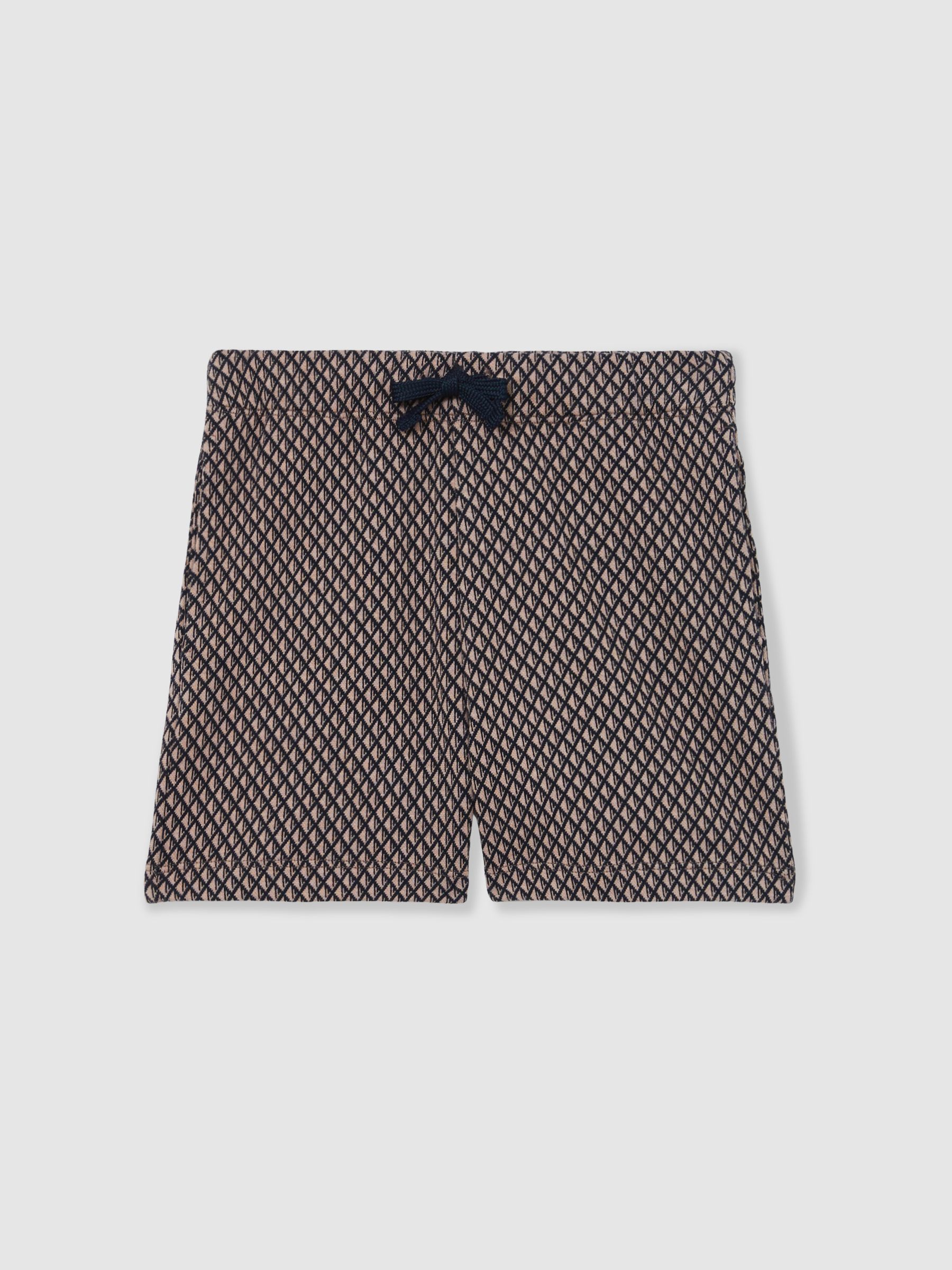 Cotton Blend Geometric Jacquard Shorts in Navy/Tobacco Brown - Image 1 of 4