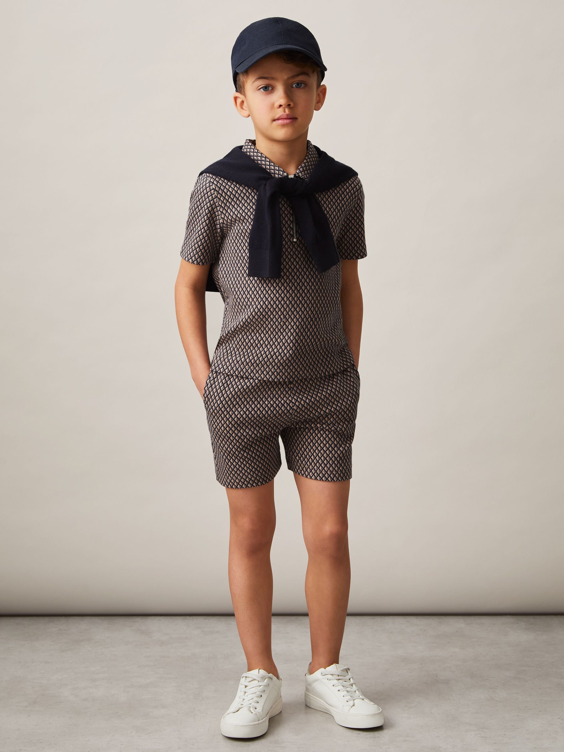 Cotton Blend Geometric Jacquard Shorts in Navy/Tobacco Brown - Image 2 of 4