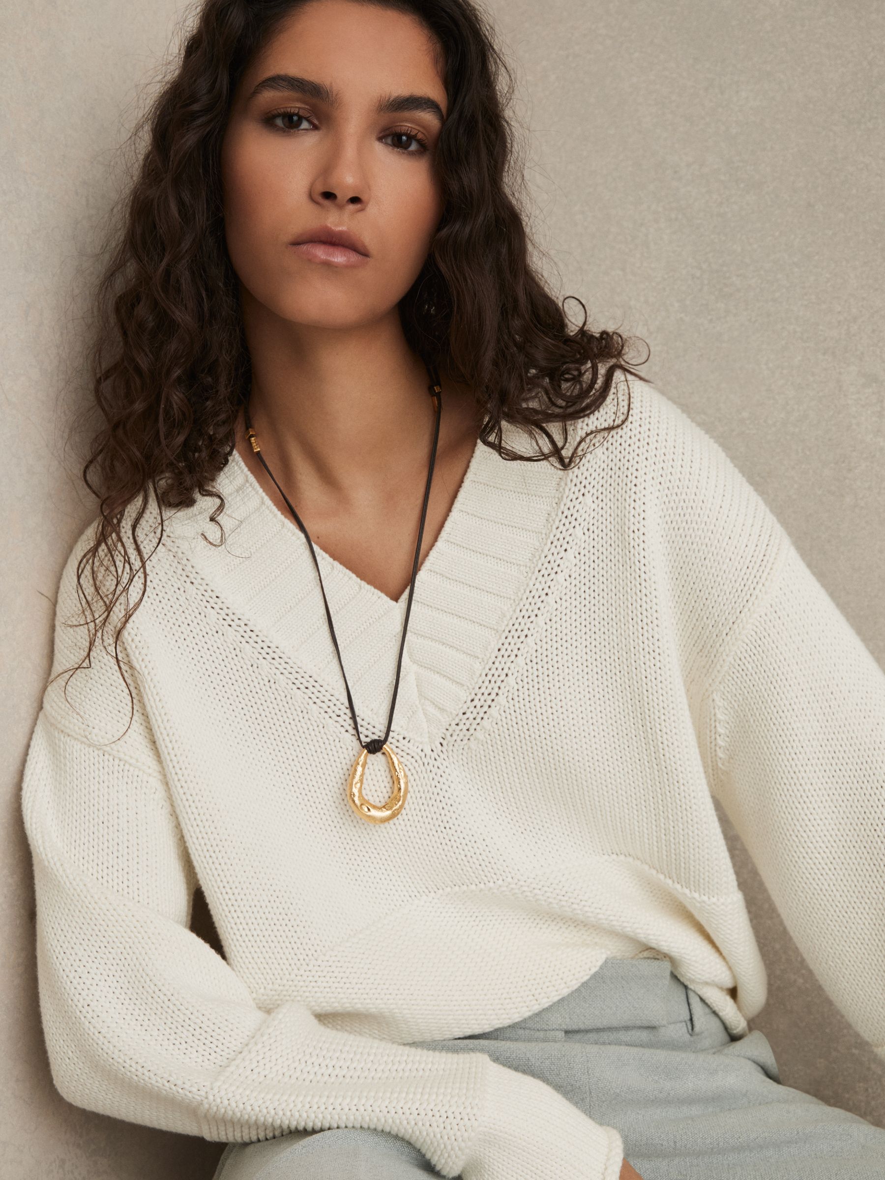 Cotton V-Neck Knit Jumper in White - Image 1 of 8