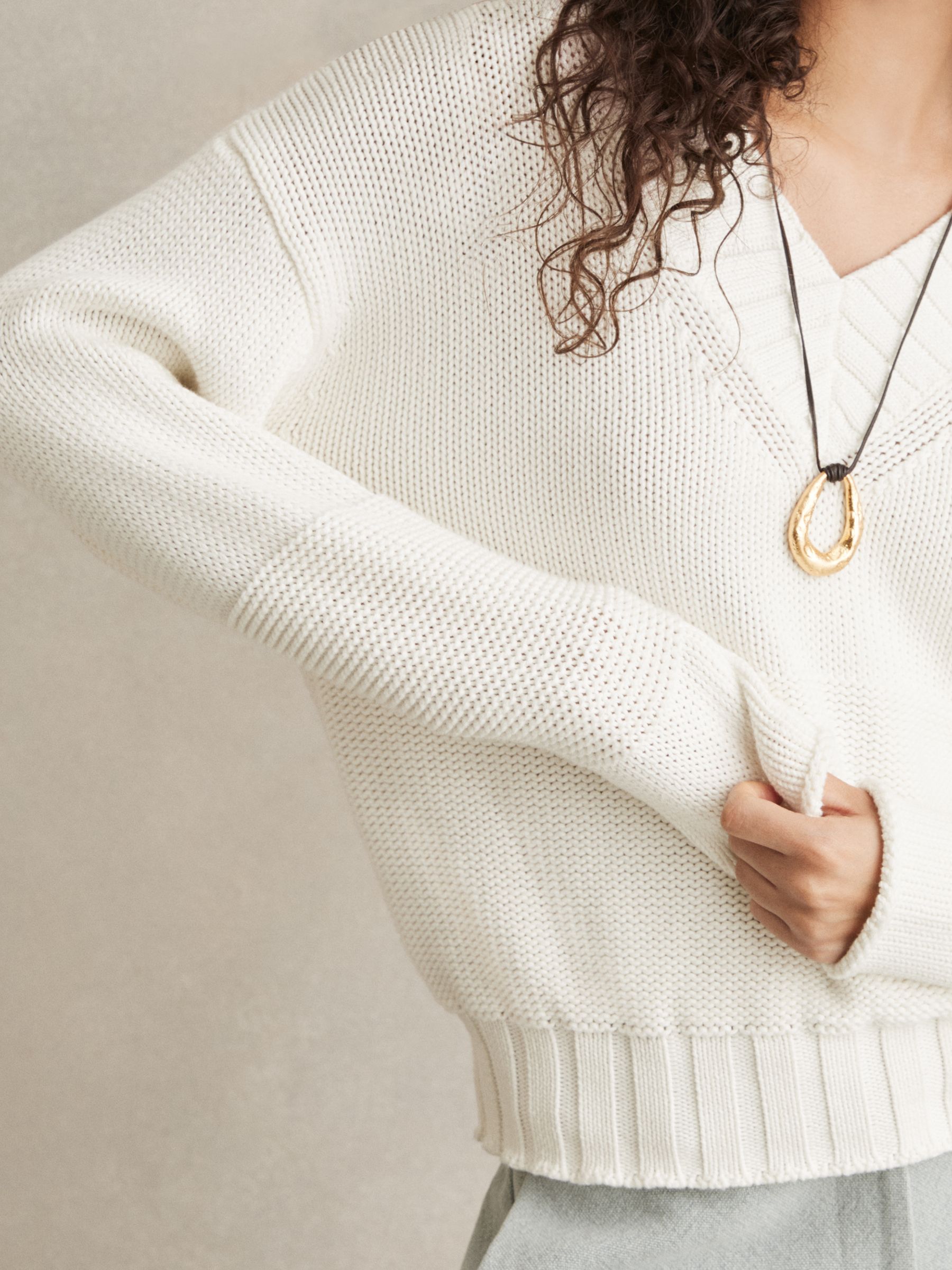Cotton V-Neck Knit Jumper in White - Image 6 of 8