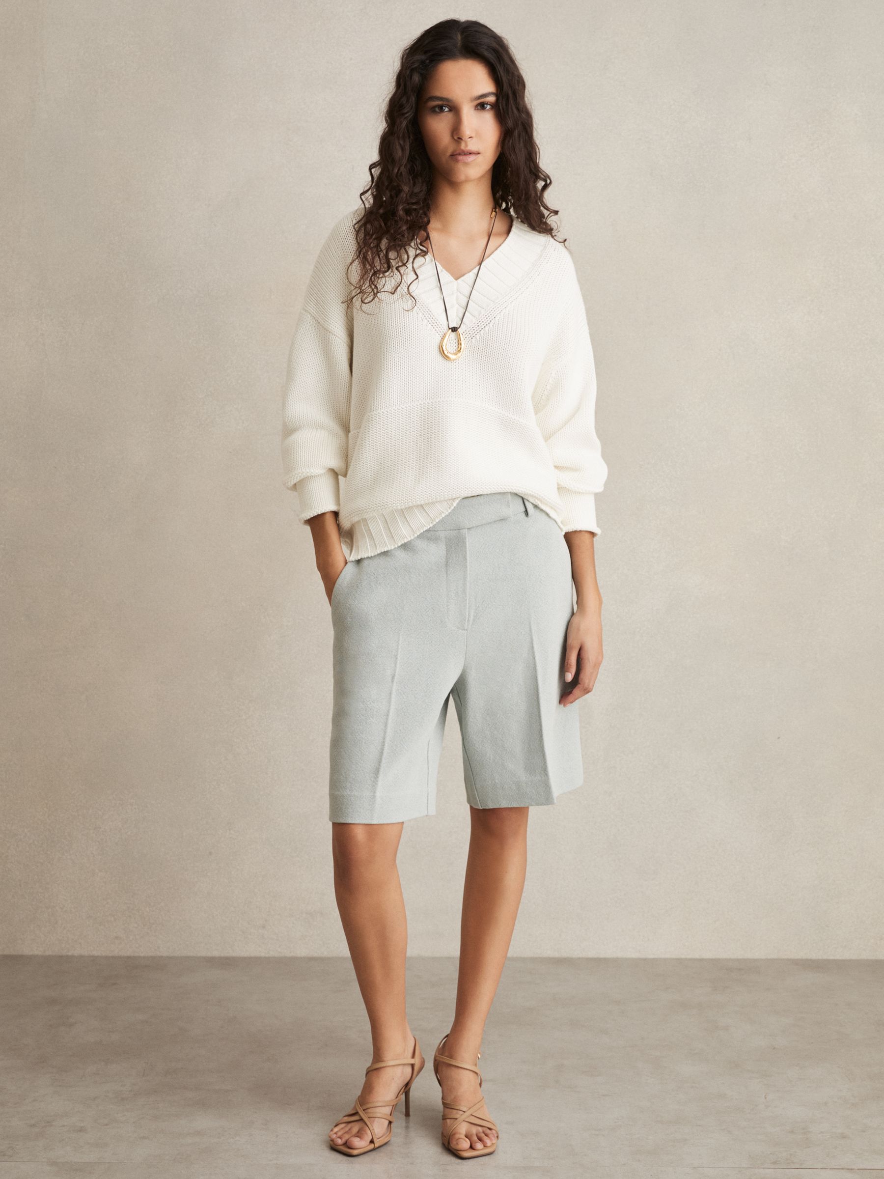 Cotton V-Neck Knit Jumper in White - Image 7 of 8
