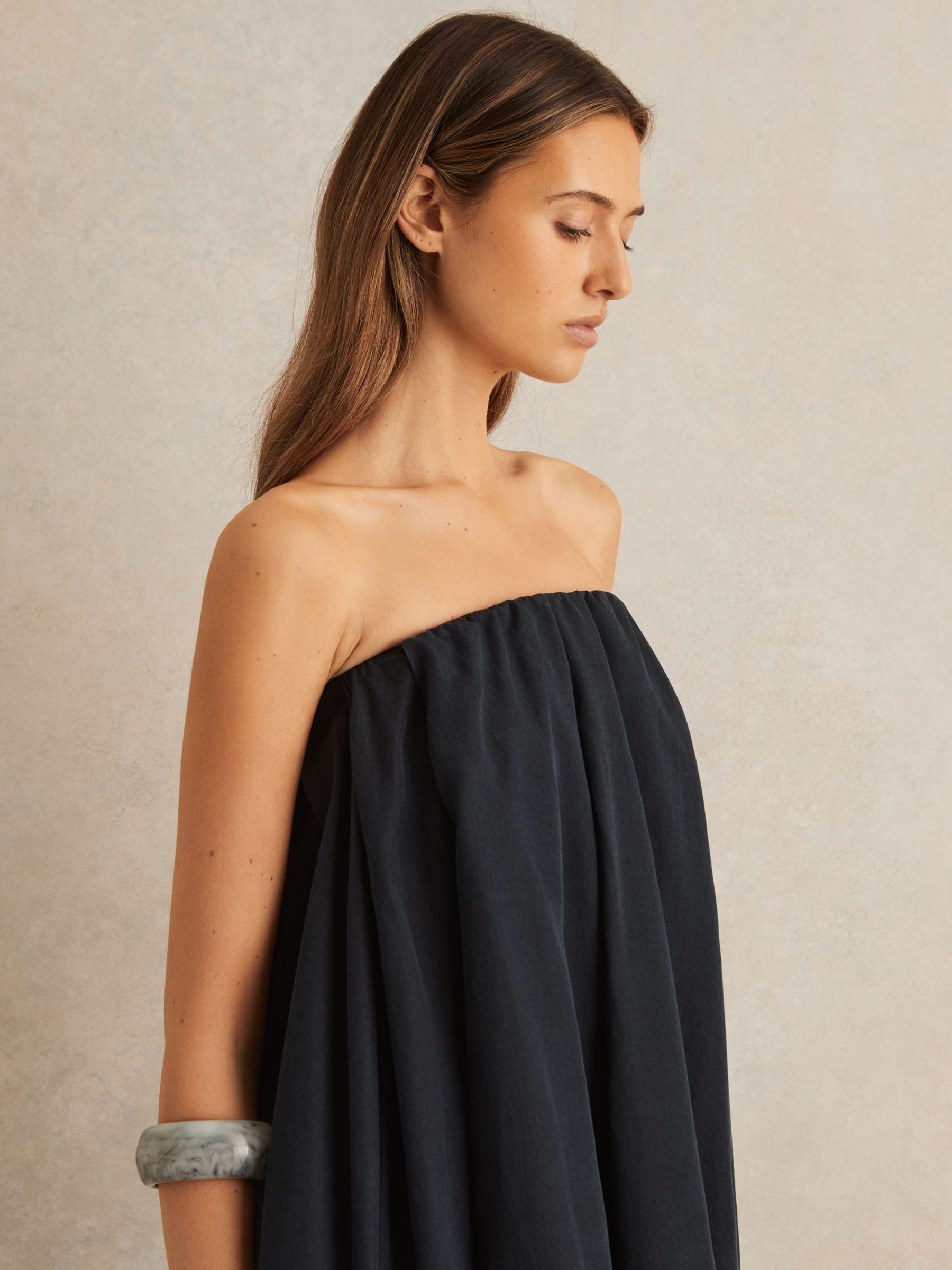 Tencel Strapless Dip-Hem Mini Dress in Indigo - Image 3 of 5