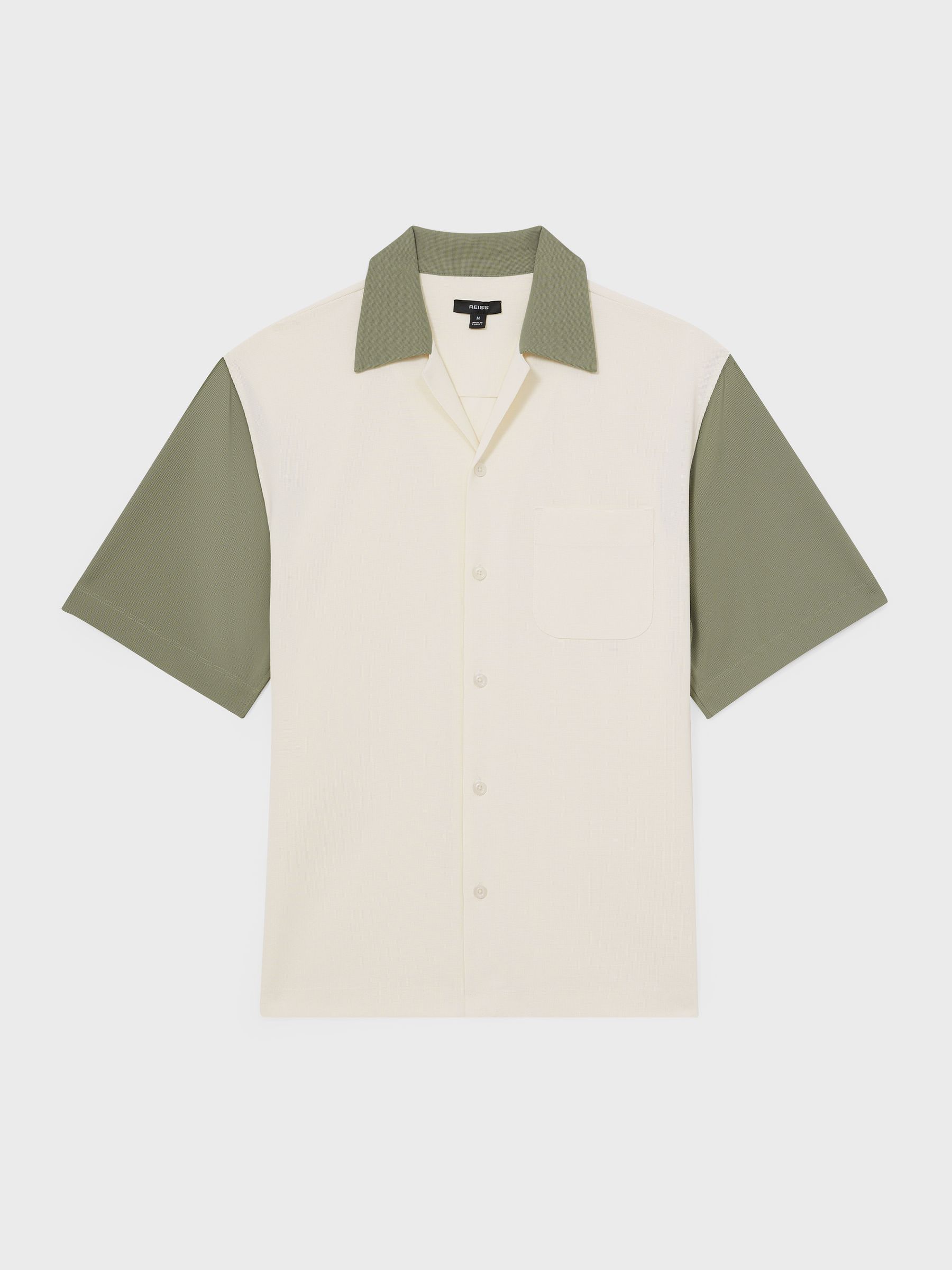 Colour-Block Cuban-Collar Shirt in Off White/Sage - Image 2 of 6