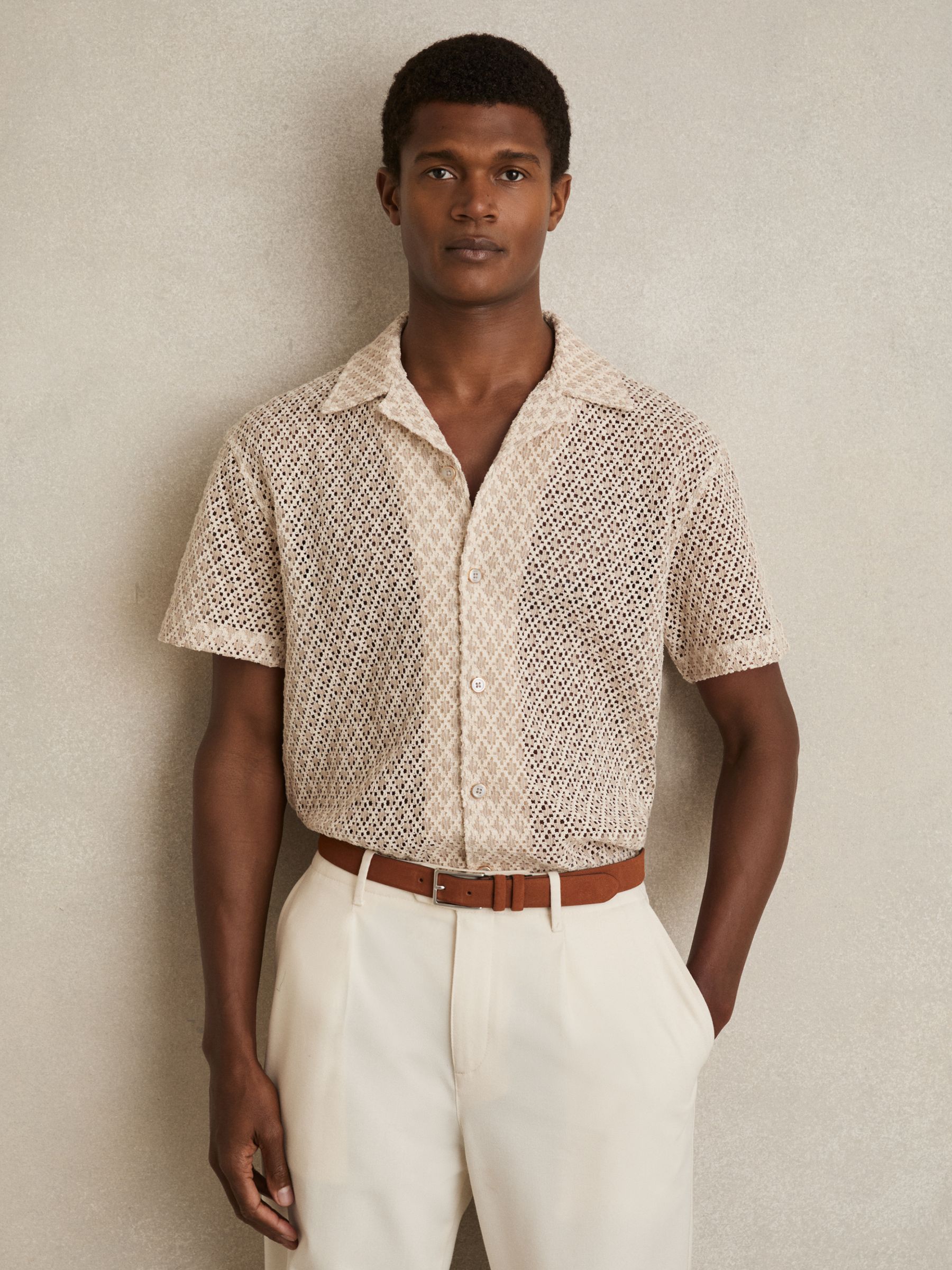Crochet Cuban-Collar Shirt in Oatmeal - Image 1 of 5