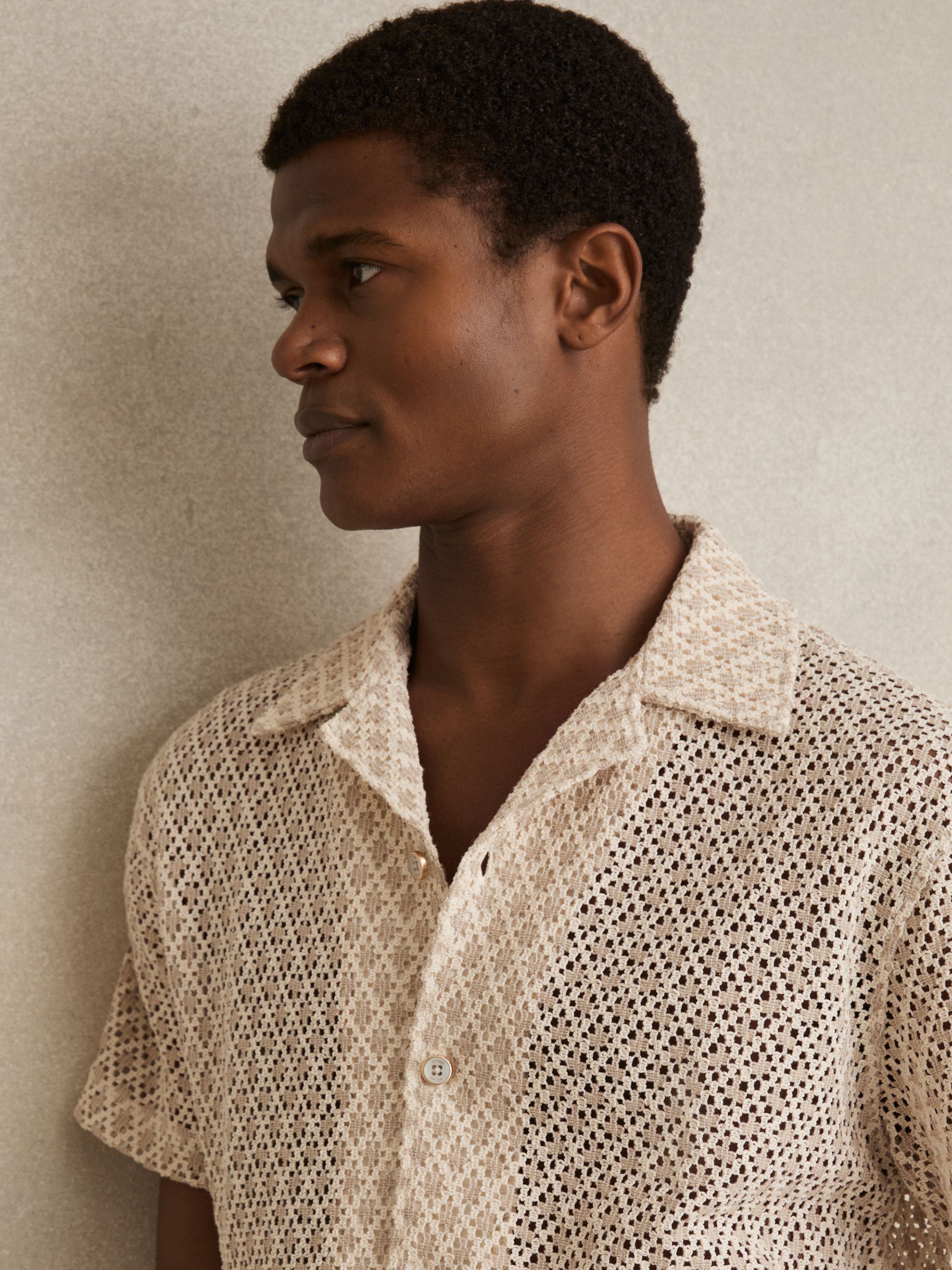 Crochet Cuban-Collar Shirt in Oatmeal - Image 3 of 5